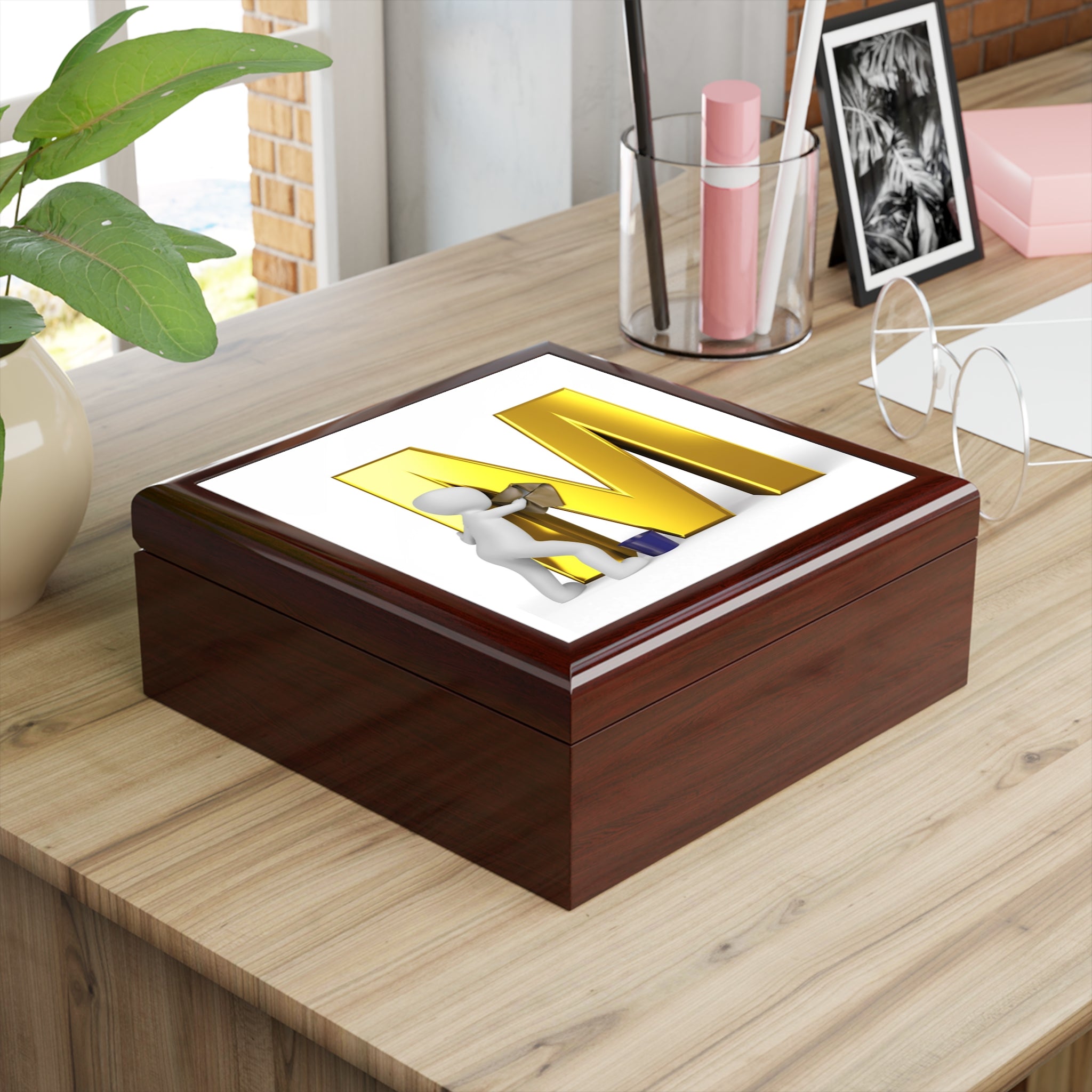 Gold Letter M with Painter Figure Jewelry Box | Monogram Initial M