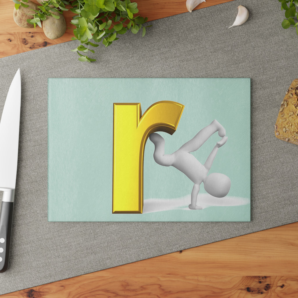 3D Letter r Breakdance Graphic Glass Cutting Board | Alphabet Kitchen Decor