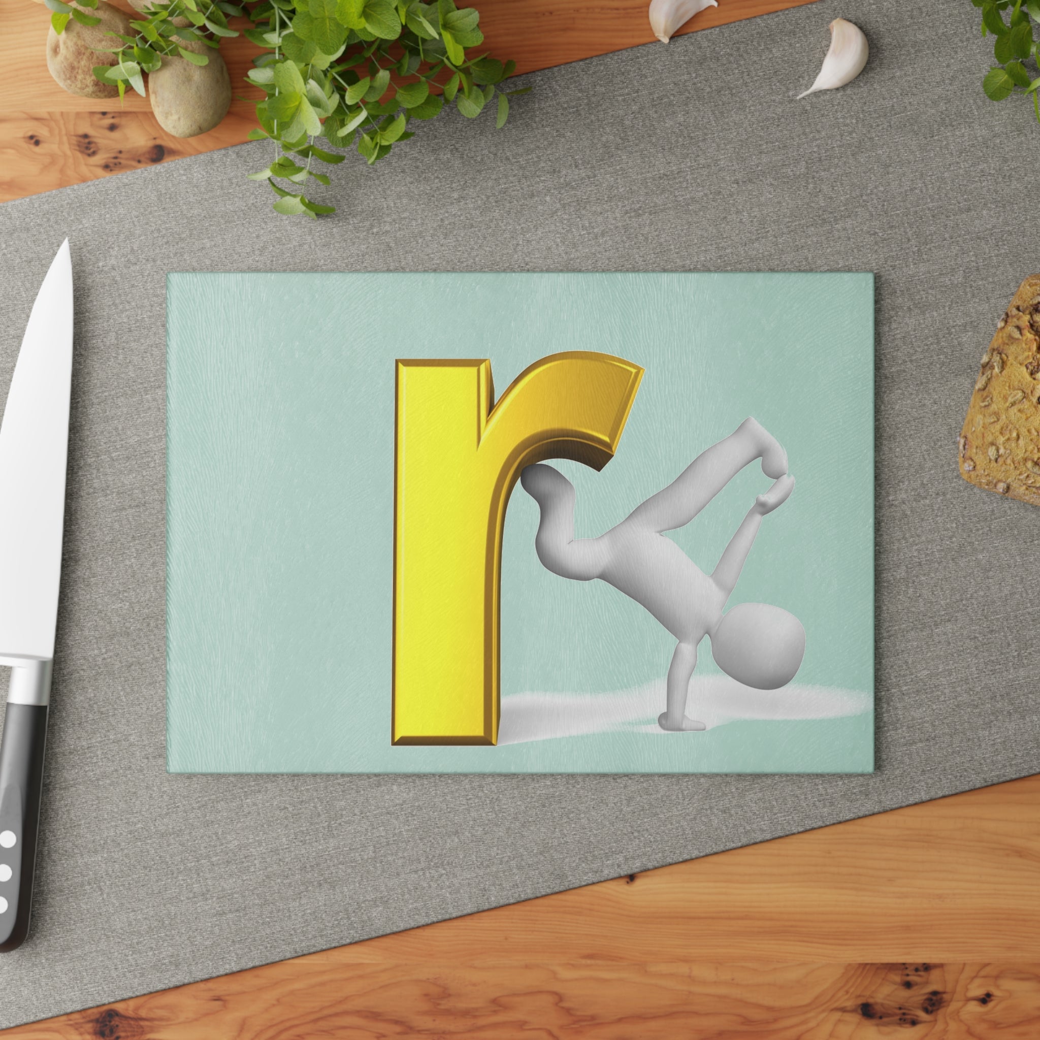 3D Letter r Breakdance Graphic Glass Cutting Board | Alphabet Kitchen Decor
