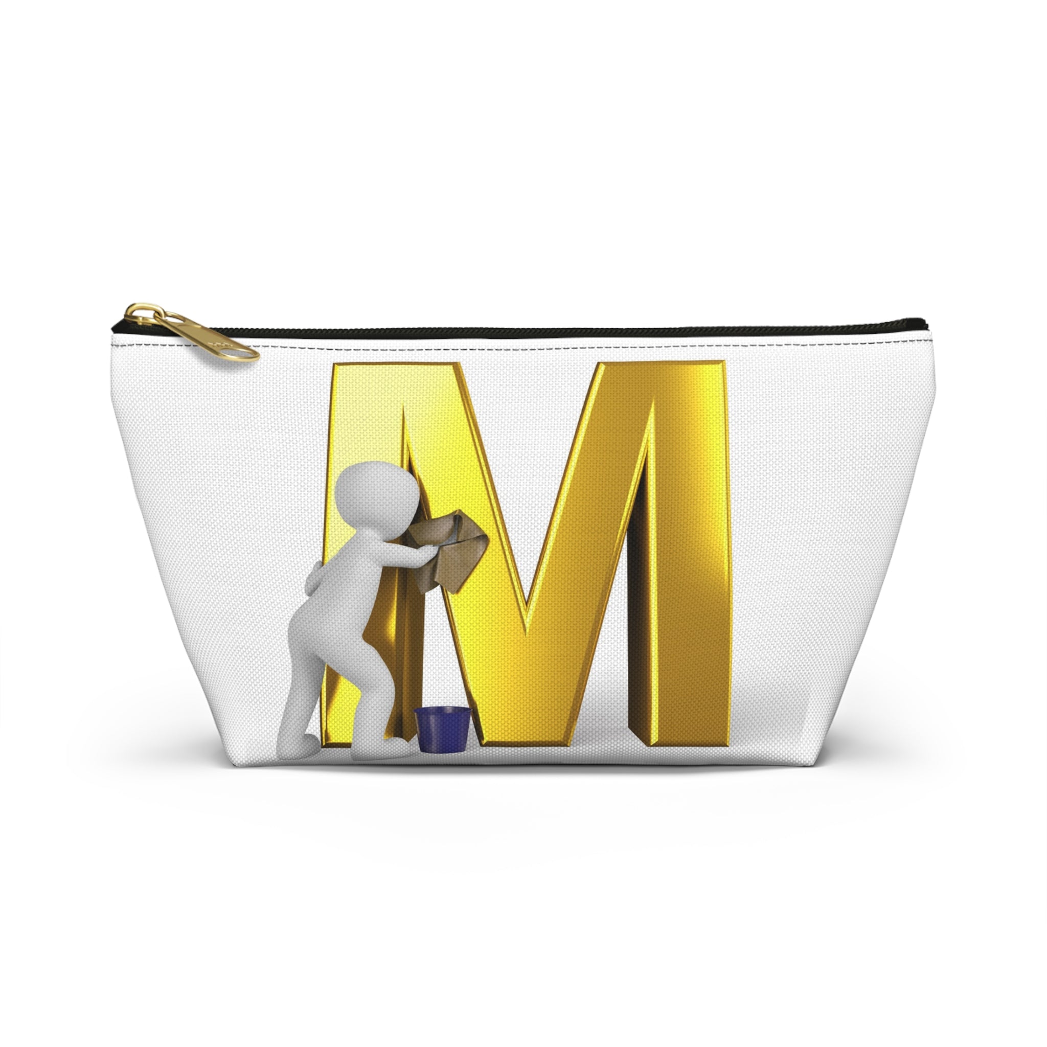 Gold Letter M with Painter Figure Accessory Pouch | Monogram Makeup Bag