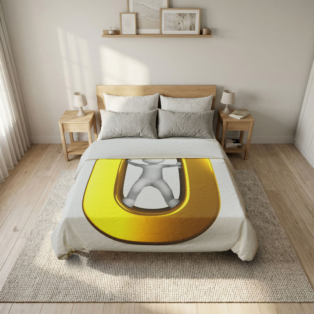 3D Gold Ü Letter Illustration Cotton Duvet Cover | Alphabet Monogram