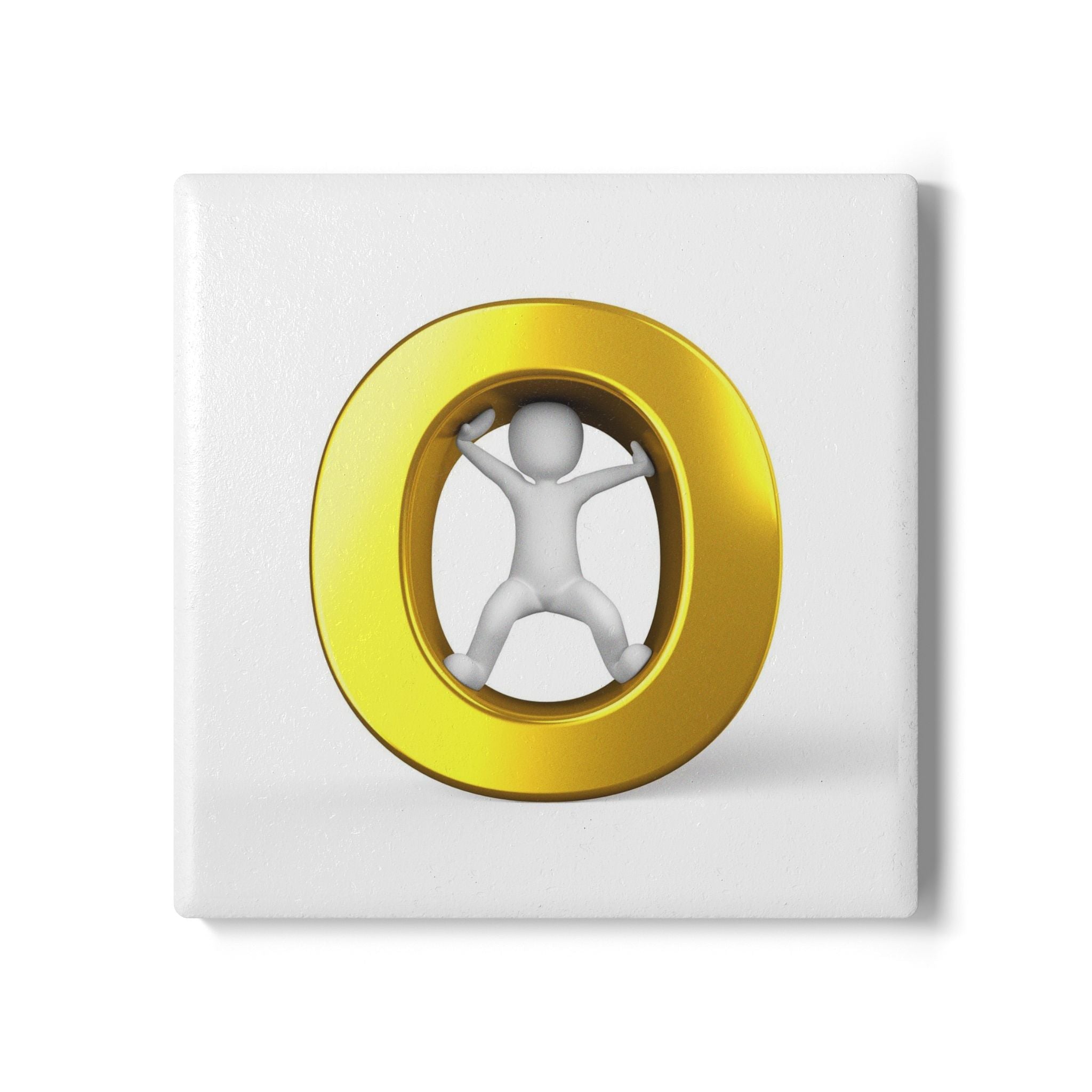 3D Stick Figure Inside Gold Letter o Ceramic Coaster | Cute Minimalist Drink Mat