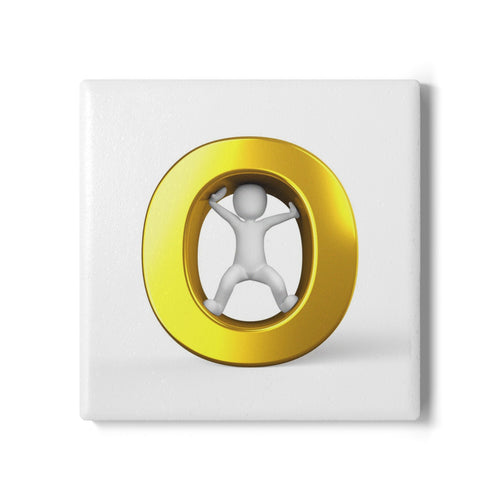 3D Stick Figure Inside Gold Letter o Ceramic Coaster | Cute Minimalist Drink Mat