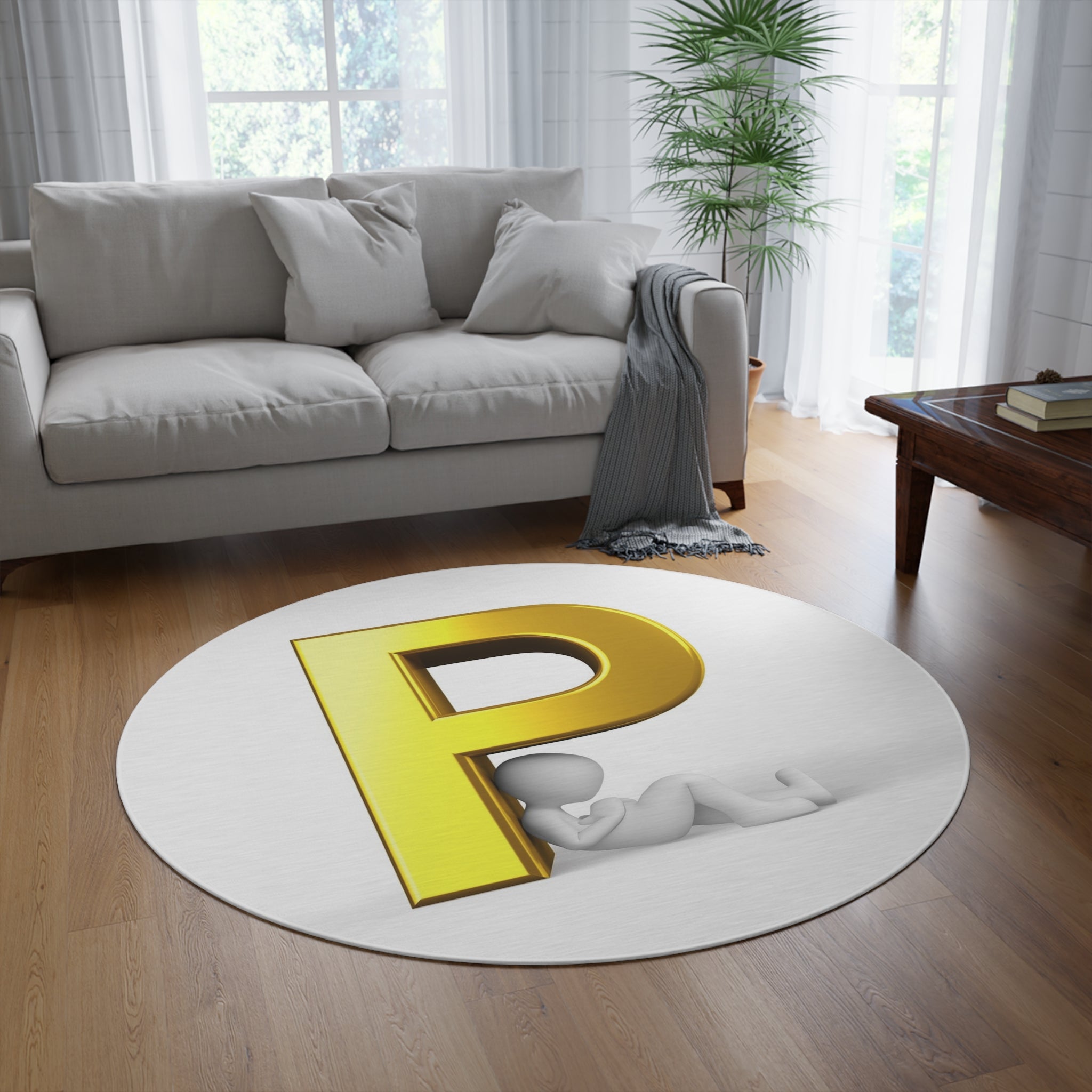 Gold Letter P monogram Round Rug | Initial P decorative floor mat