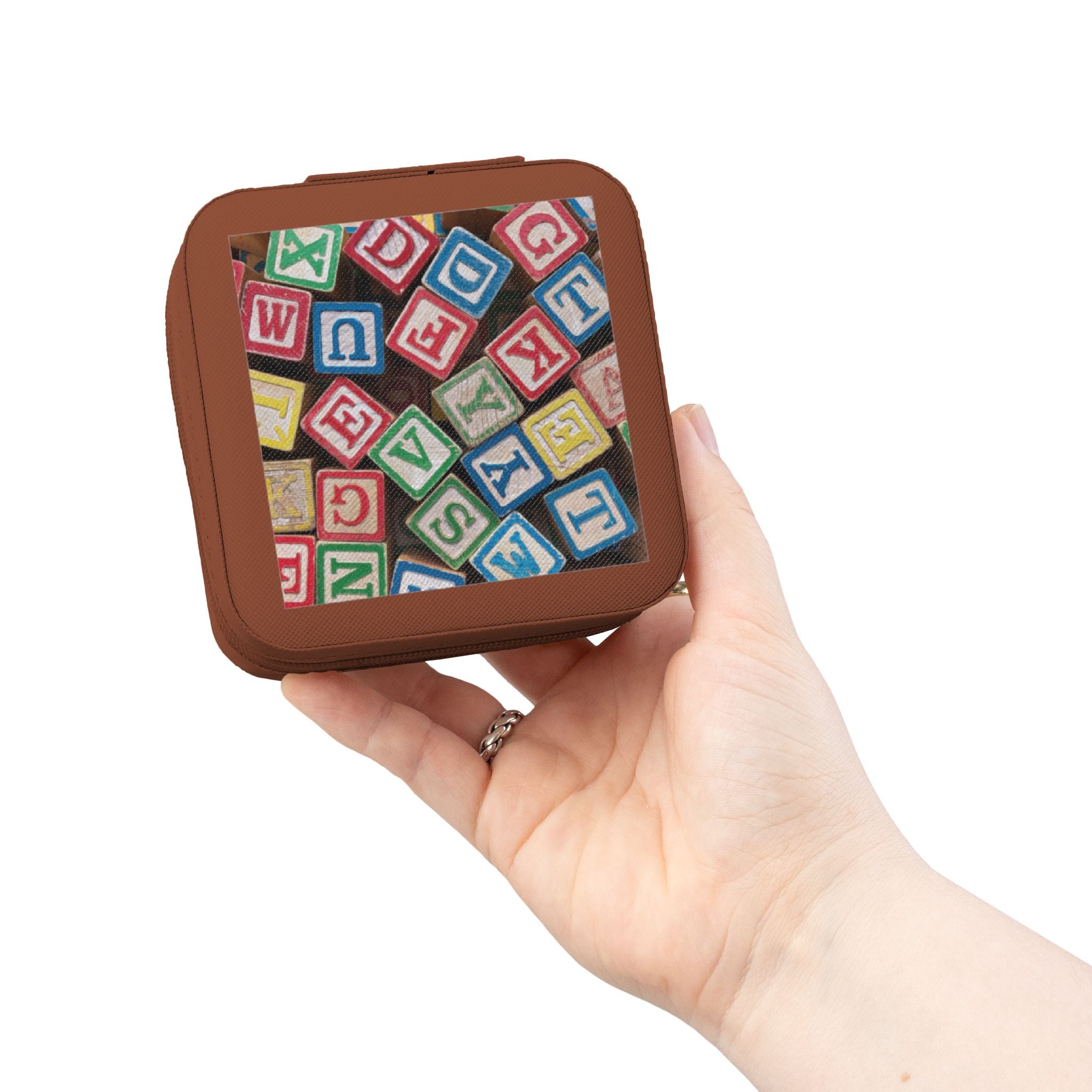 Boîte à bijoux de voyage Alphabet Baby Blocks | Organisateur compact pour bagues et boucles d'oreilles
