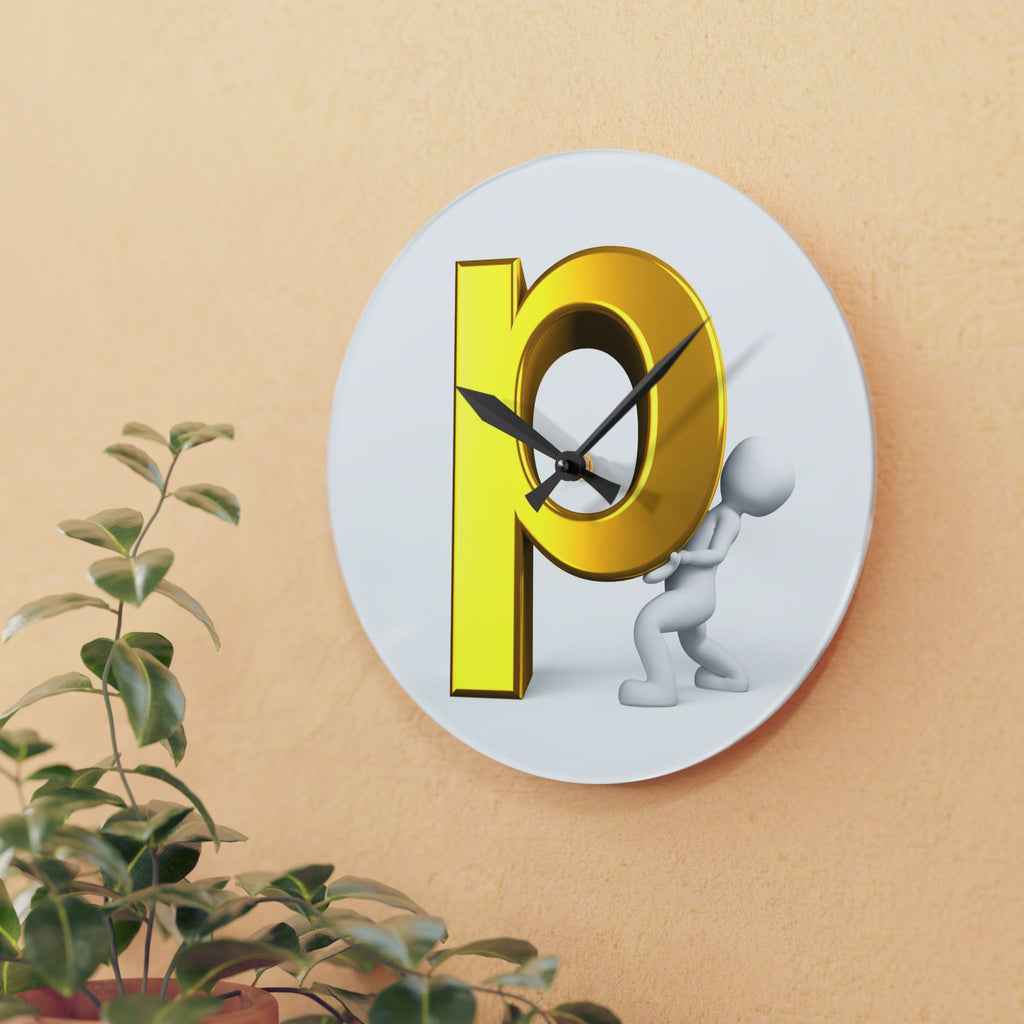 3D Gold Letter P with Figure Acrylic Wall Clock | Modern Alphabet Decor