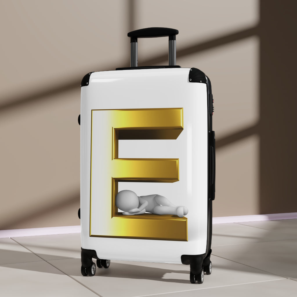 Gold 3D Letter E with Sleeping Figure Suitcase | Personalized Monogram Luggage