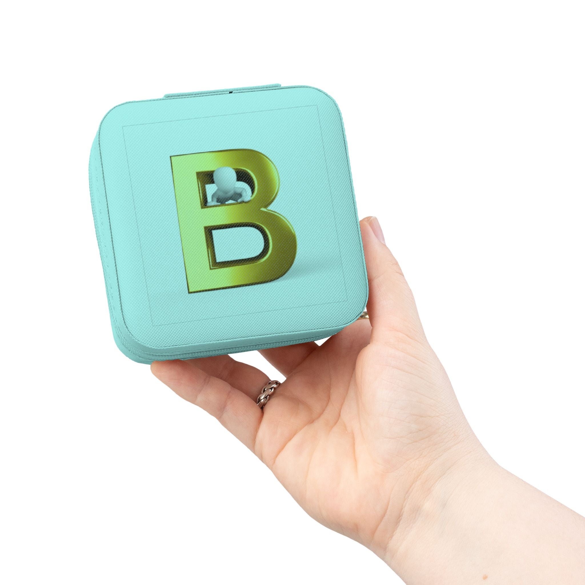 Étui de voyage carré compact pour bijoux en or avec initiale B | Organisateur portable