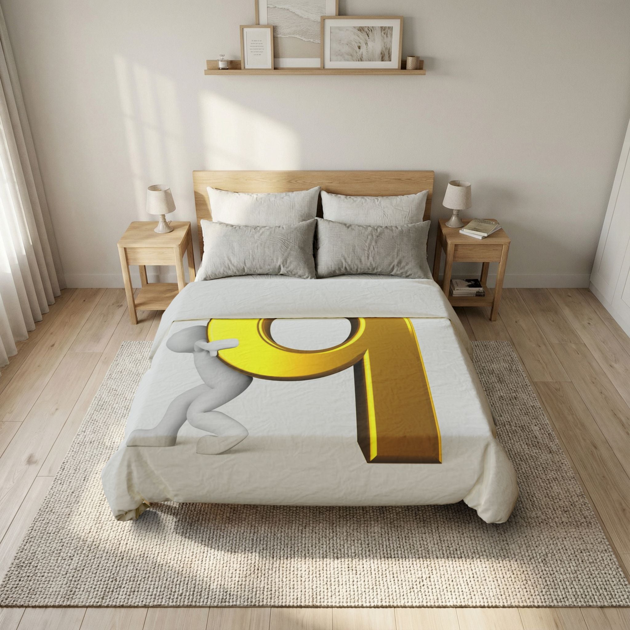 3D Gold Letter Q with Figure Cotton Duvet Cover | Alphabet Bedding