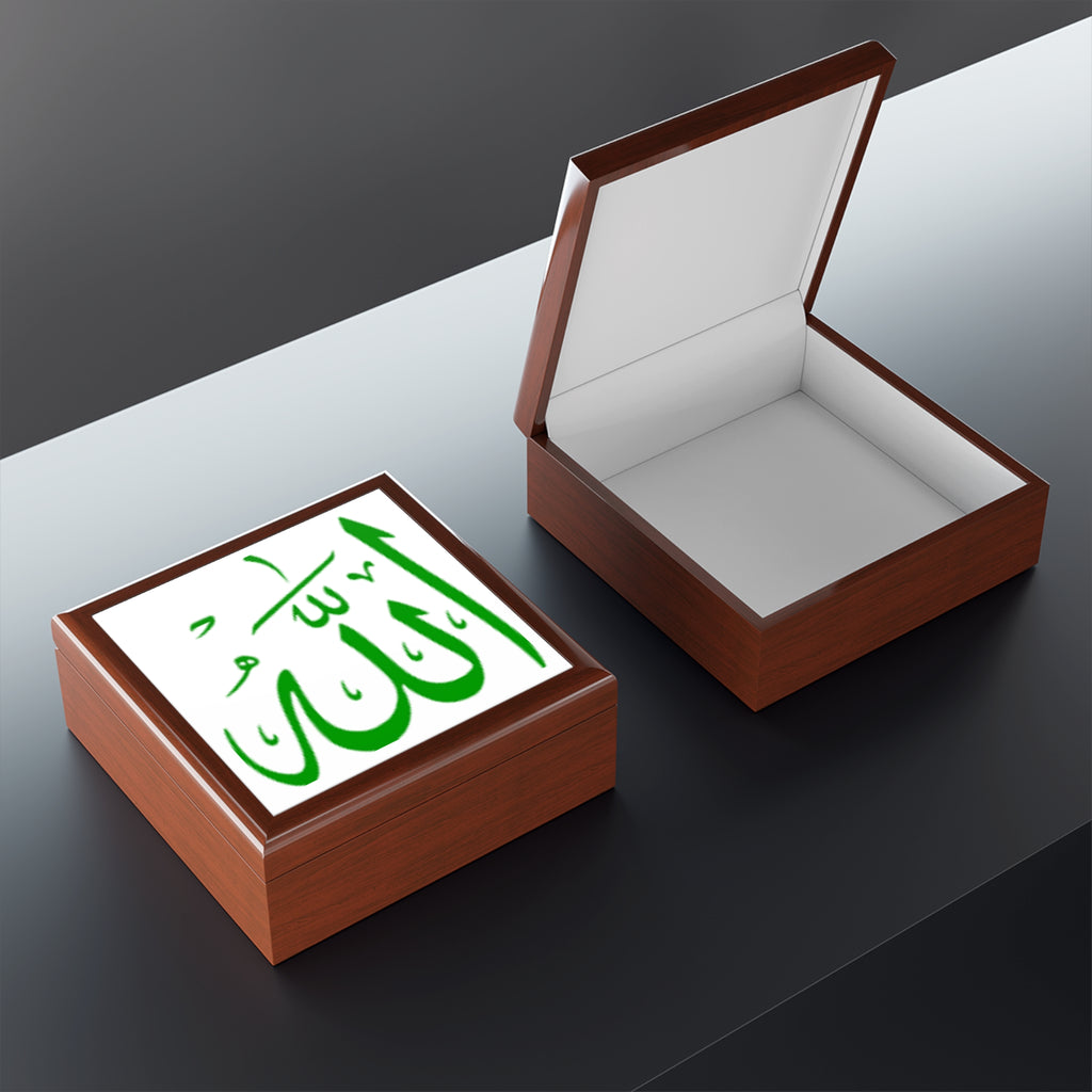 Green Arabic Calligraphy Allah Jewelry Box | Islamic Decorative Keepsake
