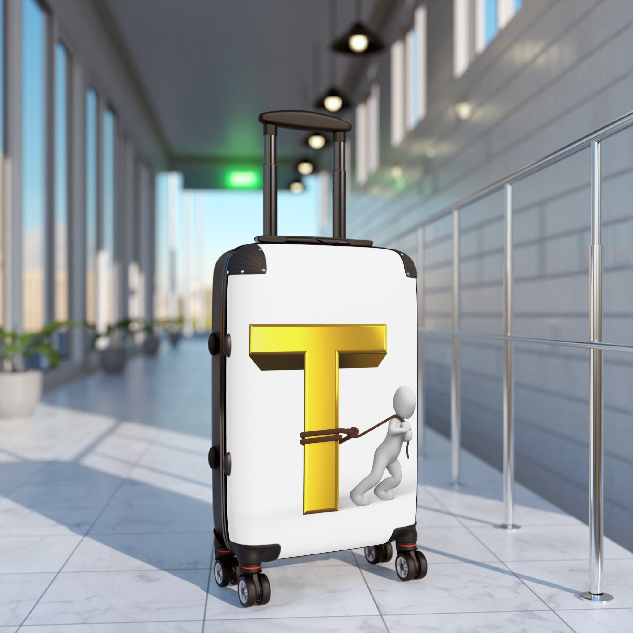 3D Gold Letter T with Figure Suitcase | Personalized Monogram Luggage