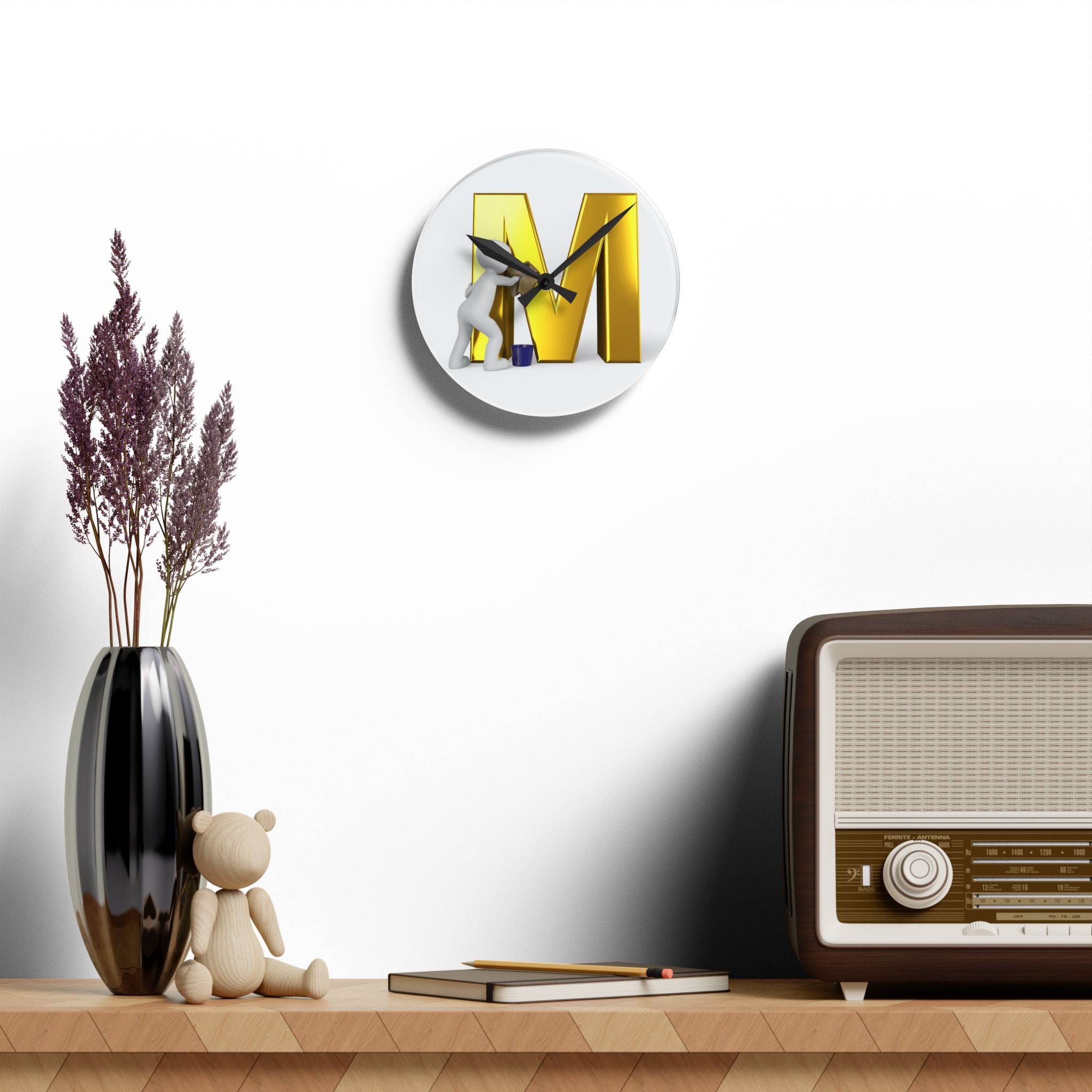 Gold Letter M Painting Acrylic Wall Clock | Monogram Initial Decor