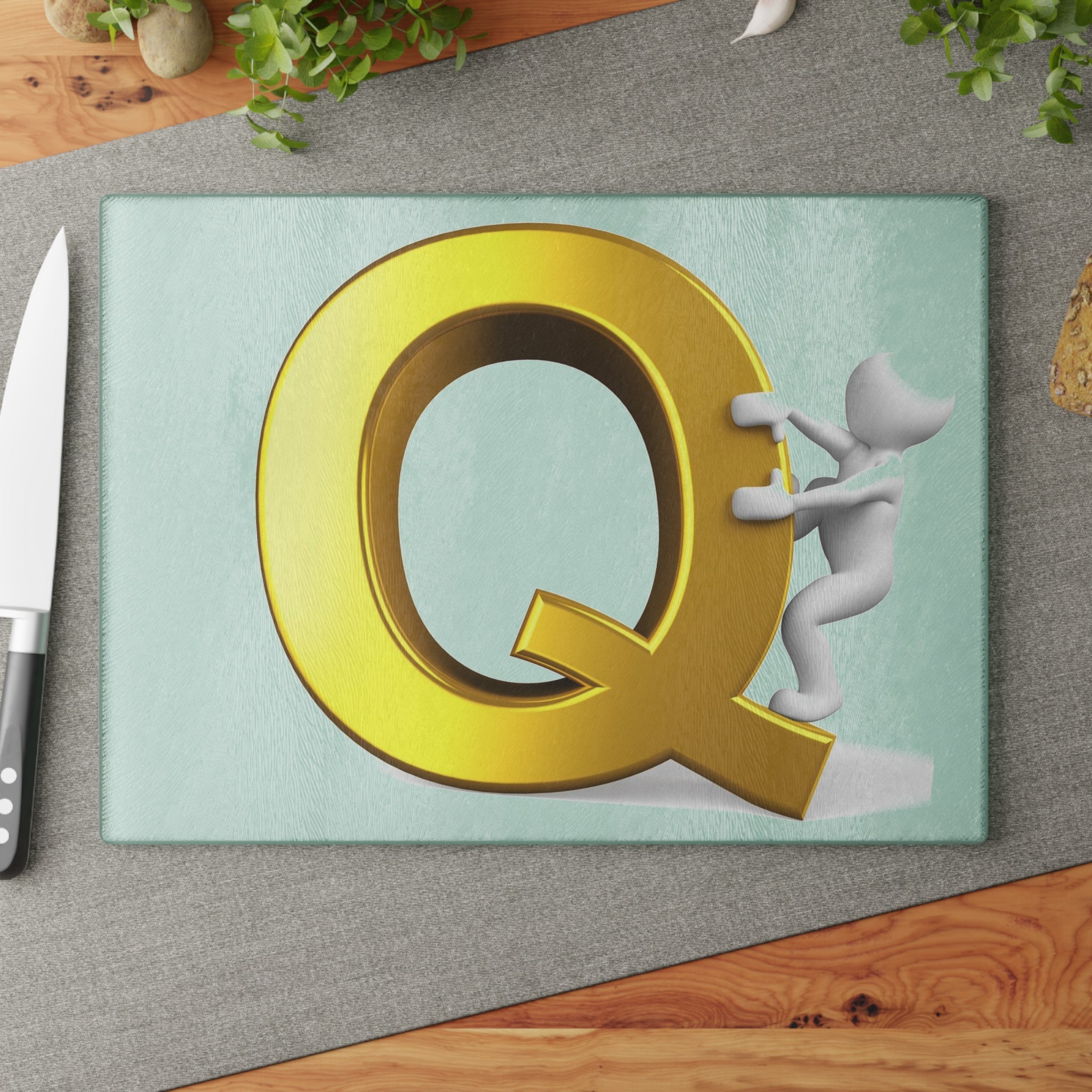 Gold Letter Q with Climber Glass Cutting Board | Monogram Initial Kitchen