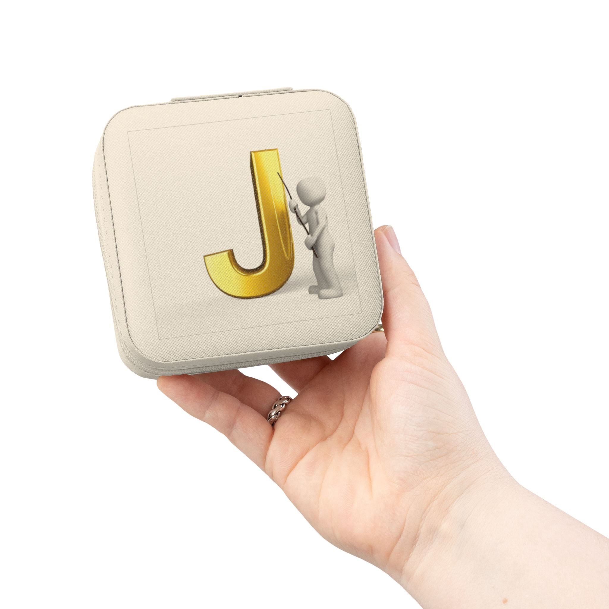 Gold Letter J Monogram Jewelry Travel Case | Compact Square Travel Jewelry Box