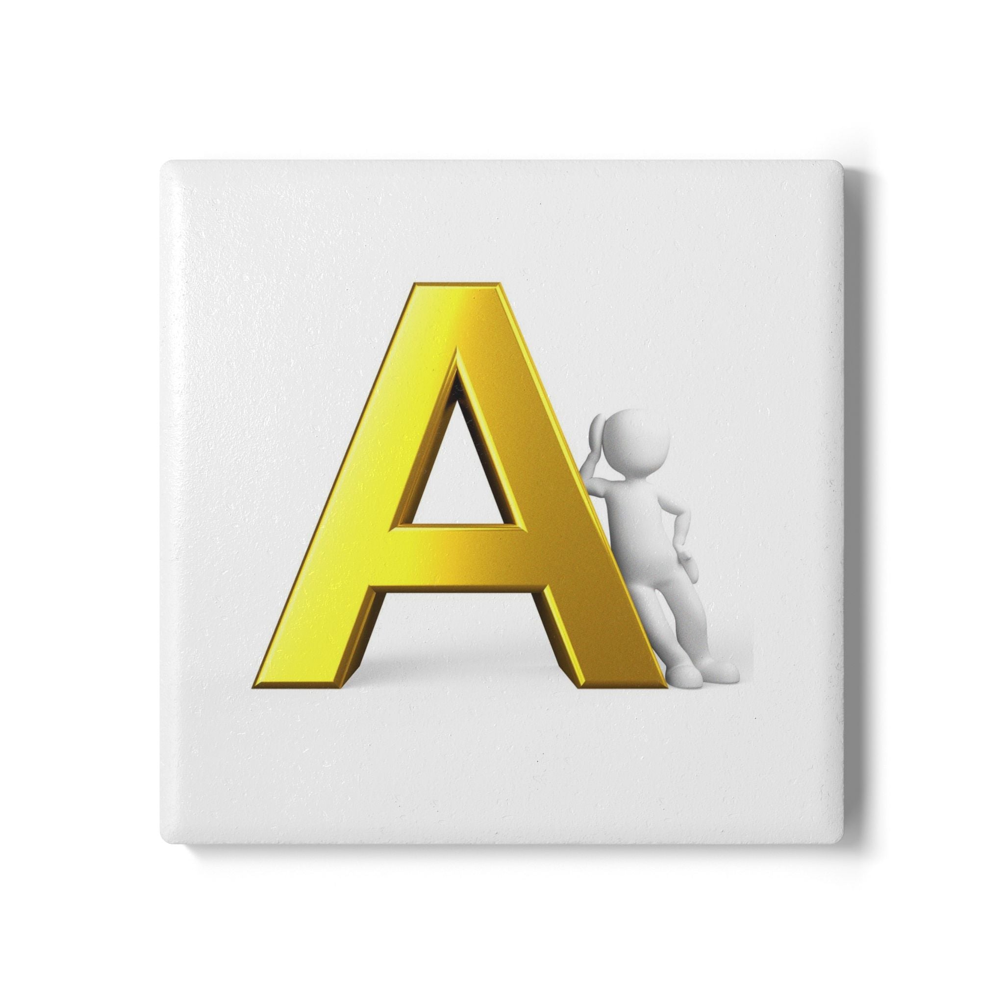 Gold Letter A with Figure Ceramic Coaster | Monogram Initial A coaster