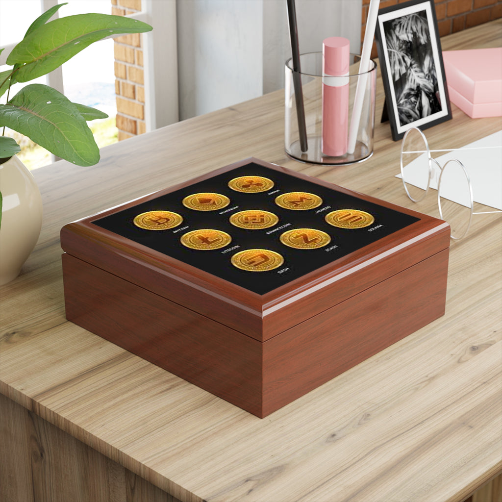 Cryptocurrency Coin Icons Jewelry Box | Bitcoin Ethereum Ripple Litecoin Display