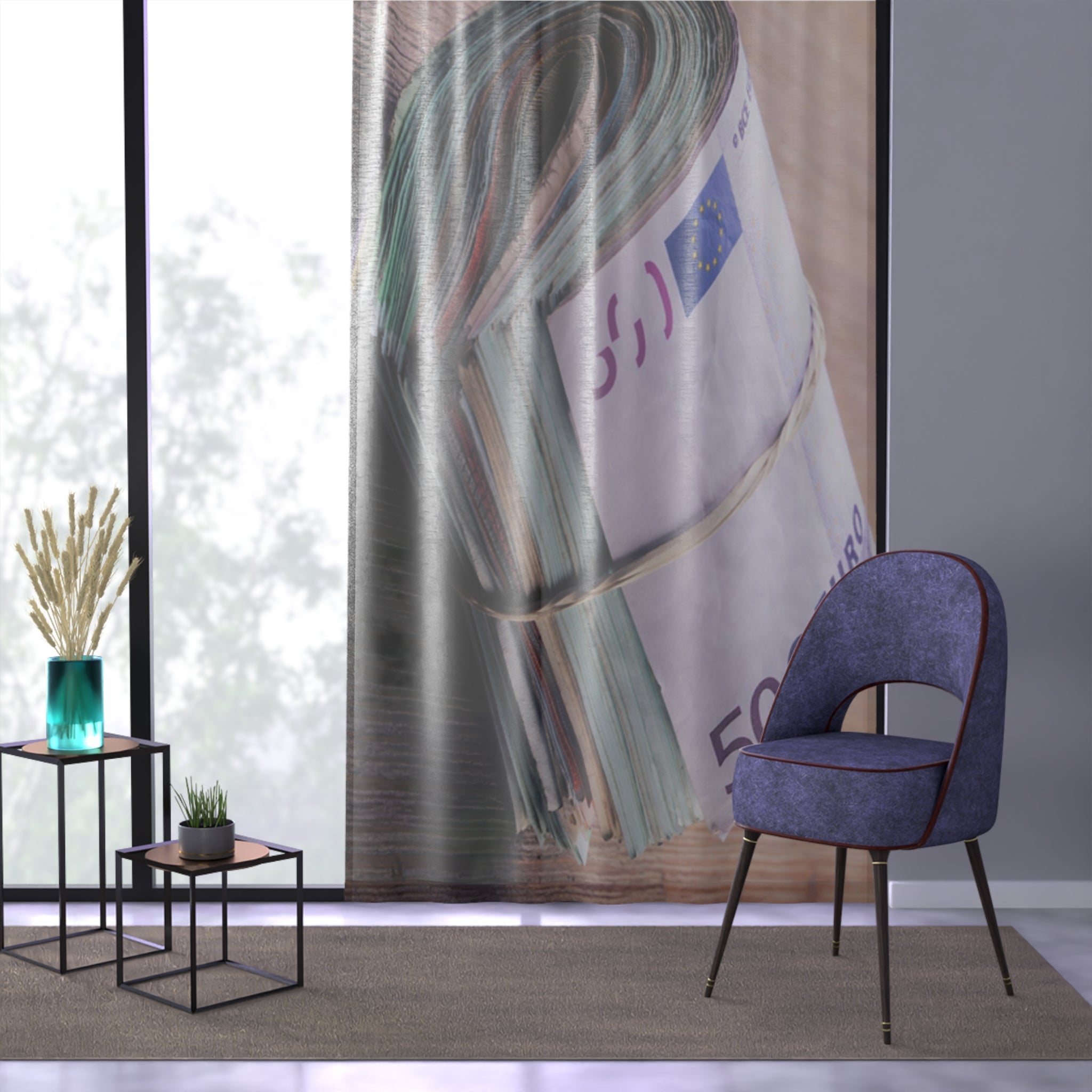 Rolled 500 Euro Banknotes Window Curtain | Money Print, Novelty Home Decor
