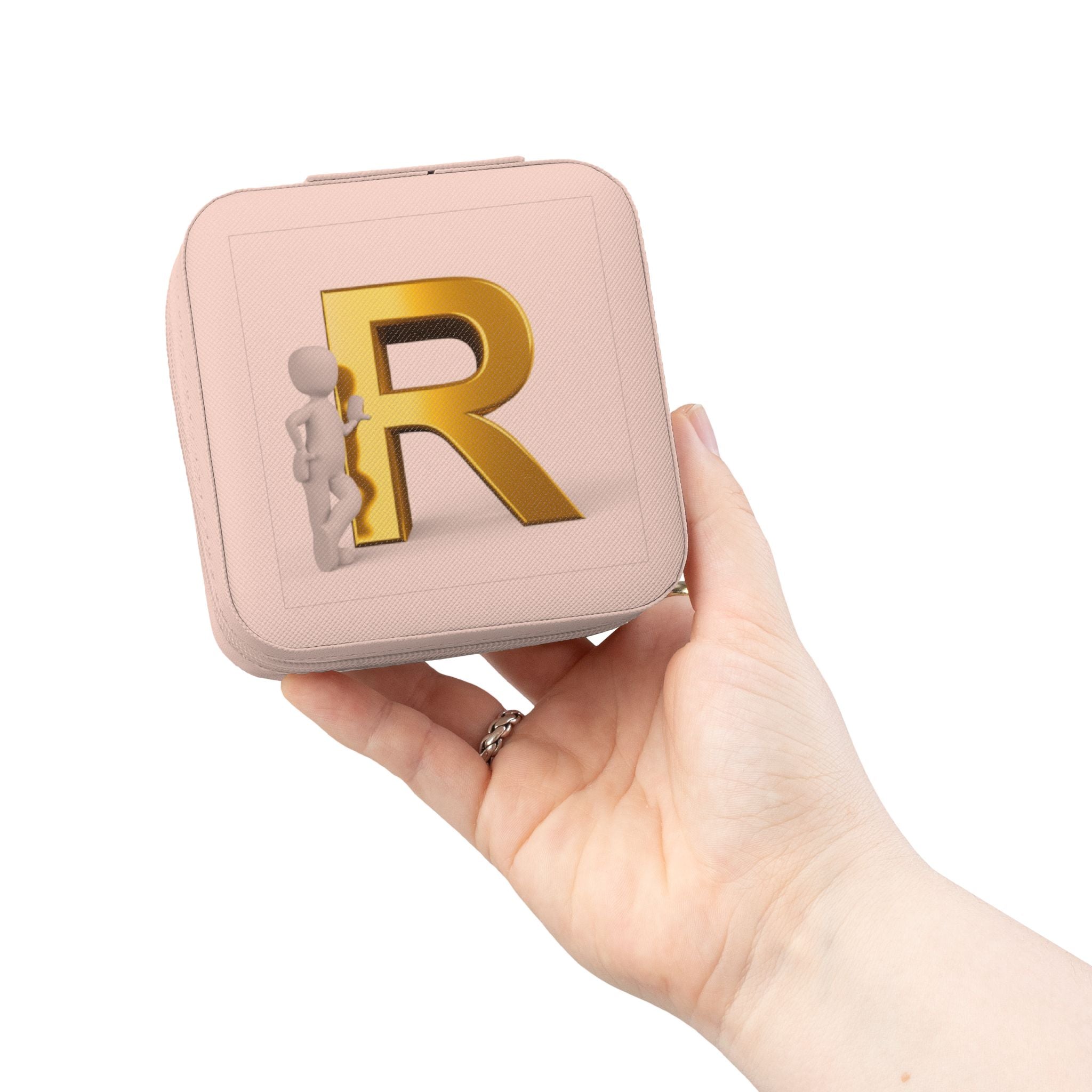 Étui de voyage compact rose pour bijoux | Monogramme initial R doré