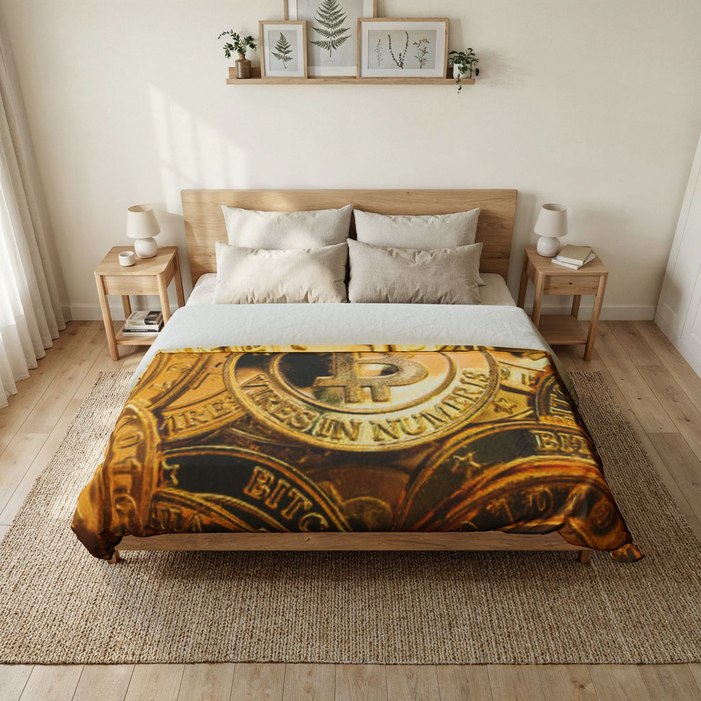 Bitcoin Coin Pile Duvet Cover | Cryptocurrency Bedding, Gold Coin Print
