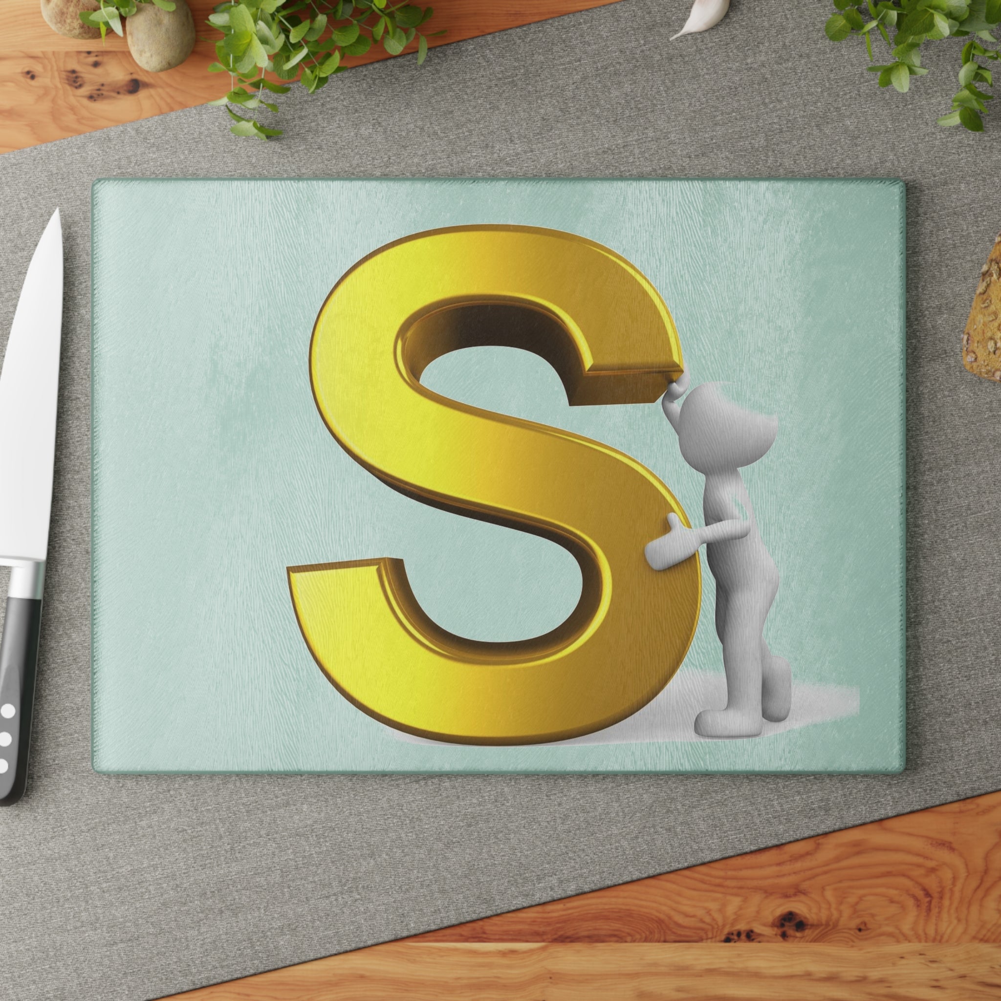 Gold Letter S Graphic Glass Cutting Board | Monogram Initial Kitchen Decor