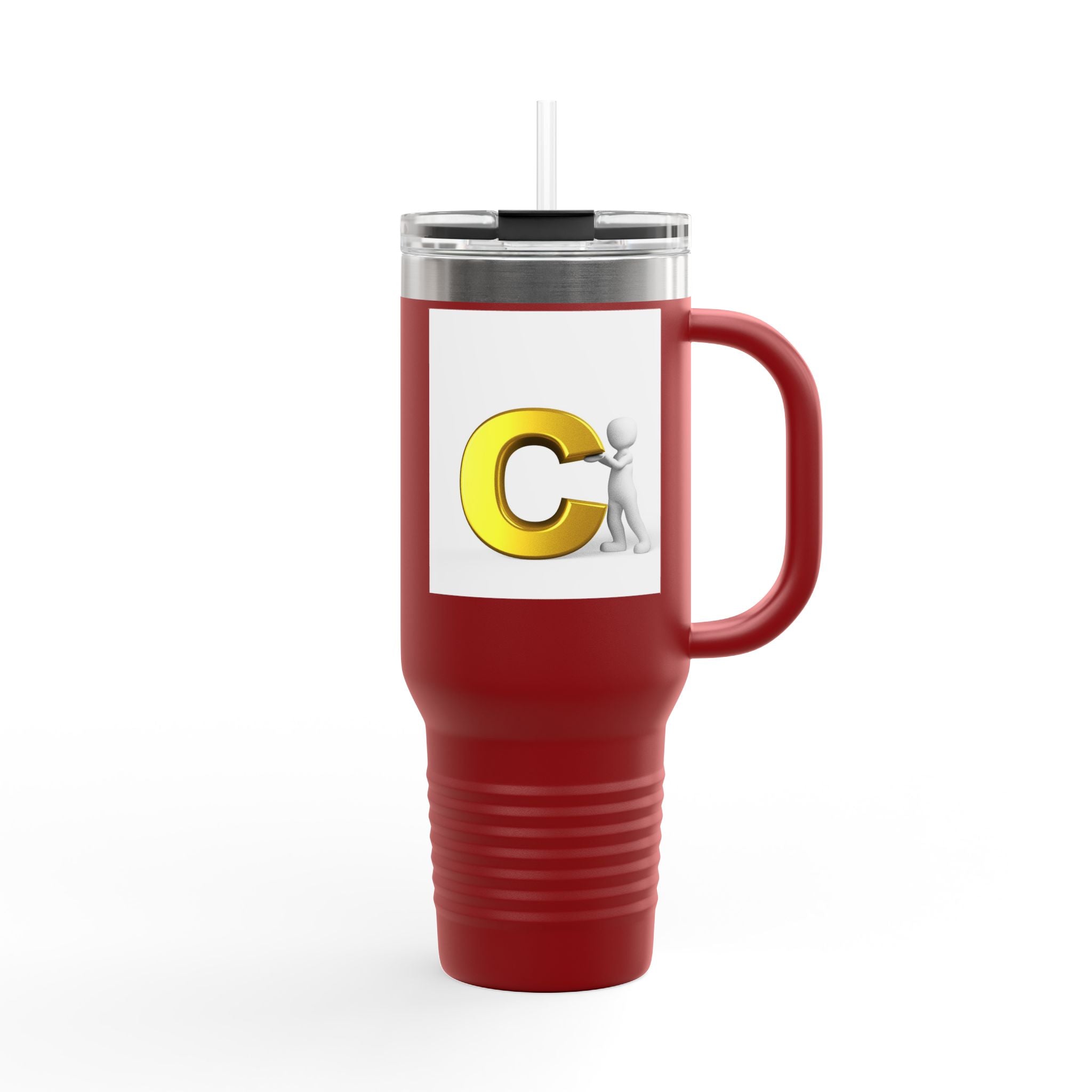 3D Character Leaning on Yellow Letter C Travel Mug | 40oz Insulated Tumbler