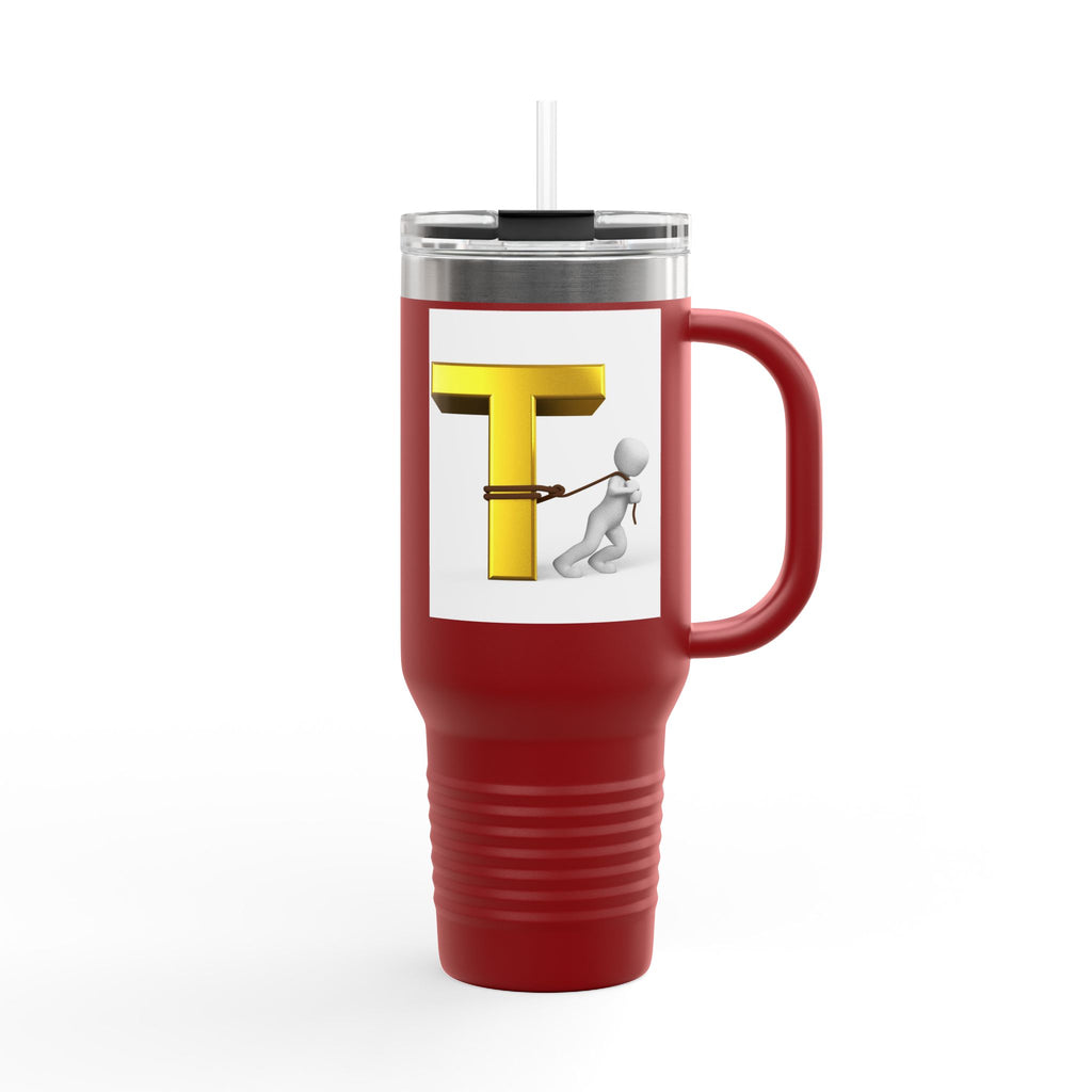 3D Stick Figure Pulling Gold Letter T Travel Mug | 40oz Insulated Tumbler