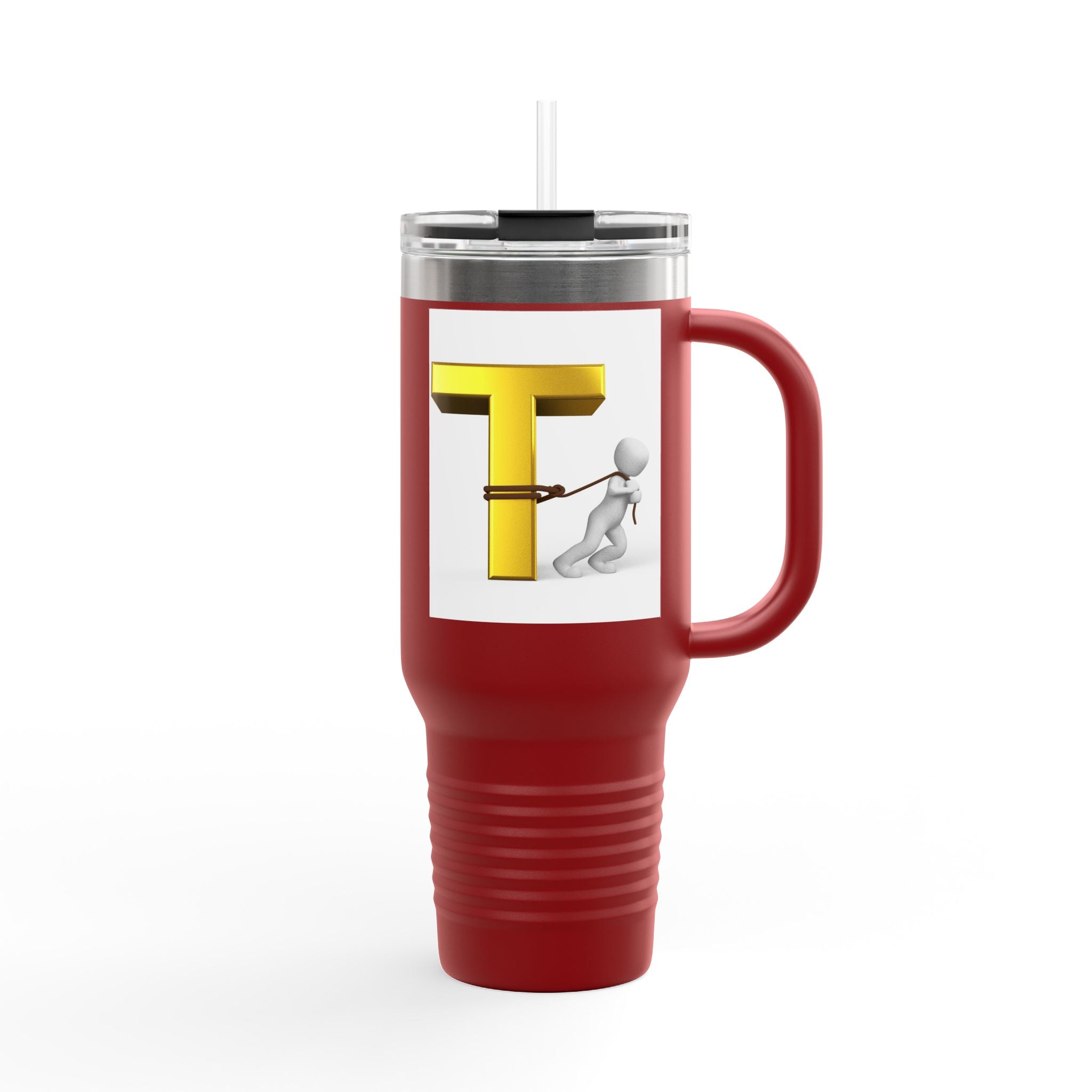 3D Stick Figure Pulling Gold Letter T Travel Mug | 40oz Insulated Tumbler