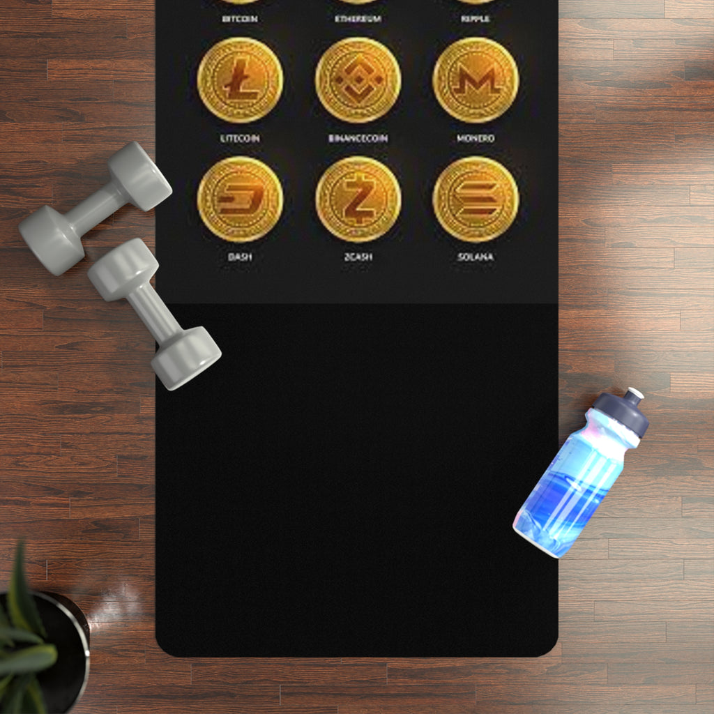 Cryptocurrency Coin Icons Rubber Yoga Mat | Bitcoin Ethereum Litecoin Doge