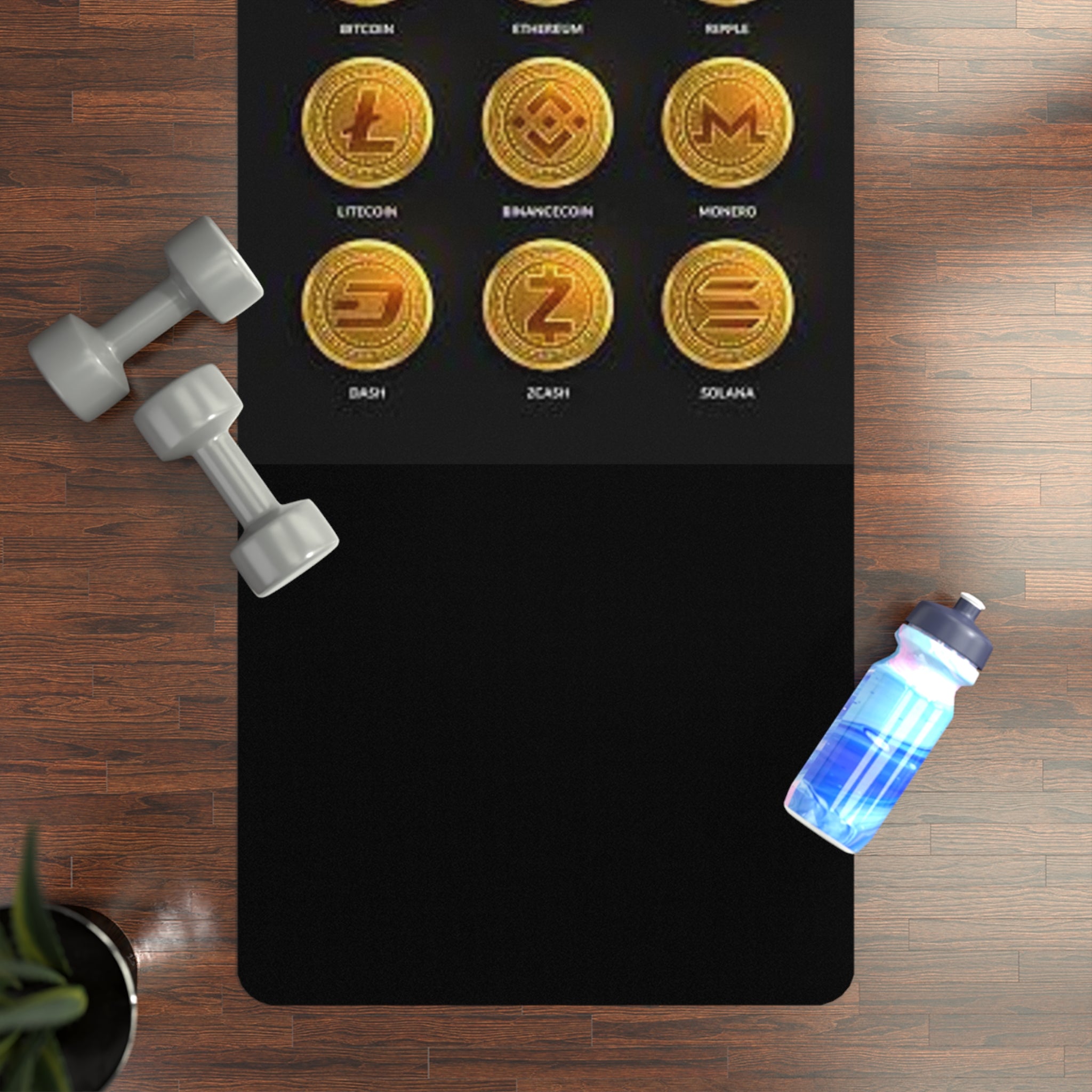 Cryptocurrency Coin Icons Rubber Yoga Mat | Bitcoin Ethereum Litecoin Doge