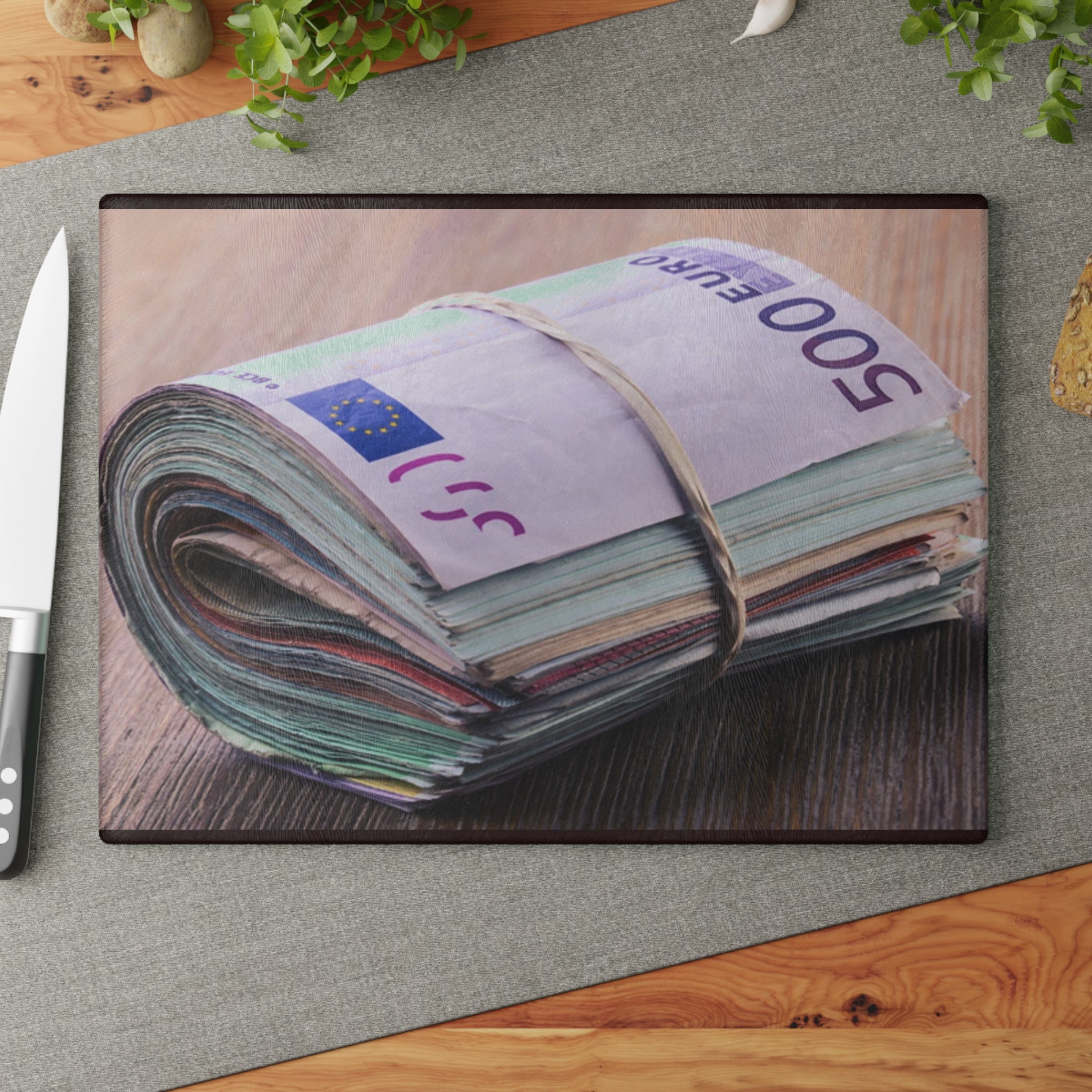 Stacked Euro Banknotes Glass Cutting Board | Money Photo Kitchen Decor