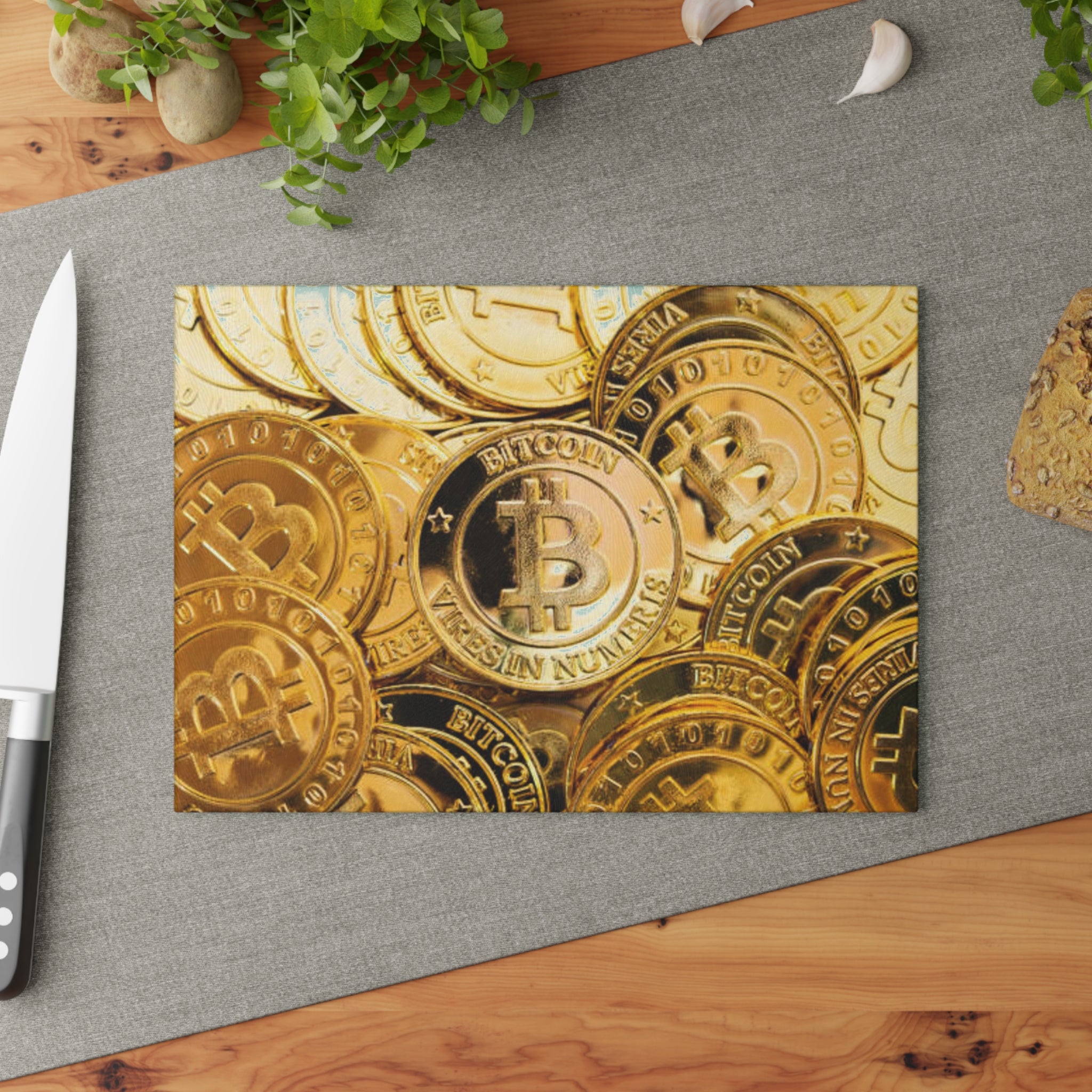 Bitcoin Gold Coins Glass Cutting Board | Cryptocurrency Kitchen Decor