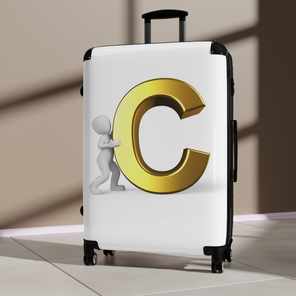 3D Character Pushing Gold Letter C Suitcase | Monogram Luggage