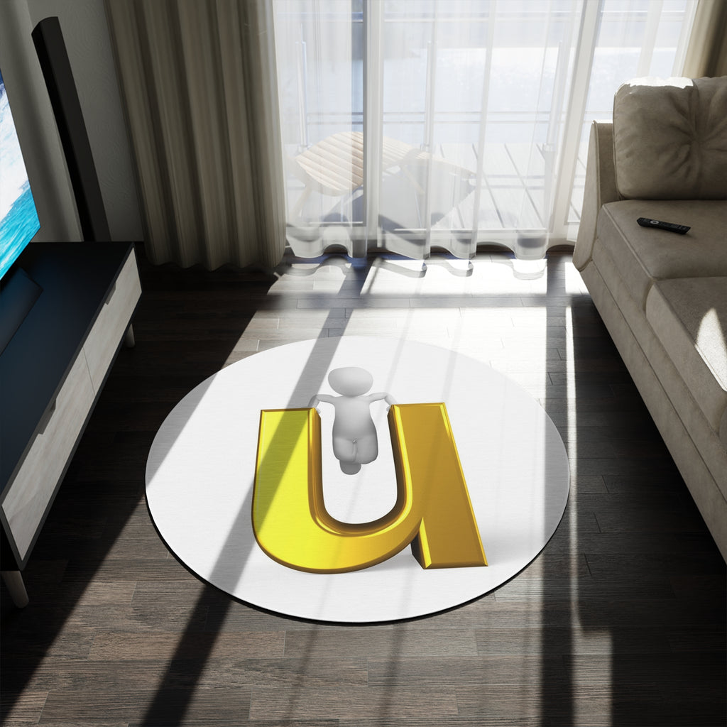 3D Gold Letter U with Figure Round Rug | Monogram Initial Circle Mat