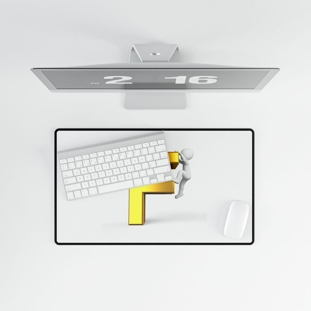 Climbing Stick Figure on Gold Letter F Desk Mat | Large Mousepad