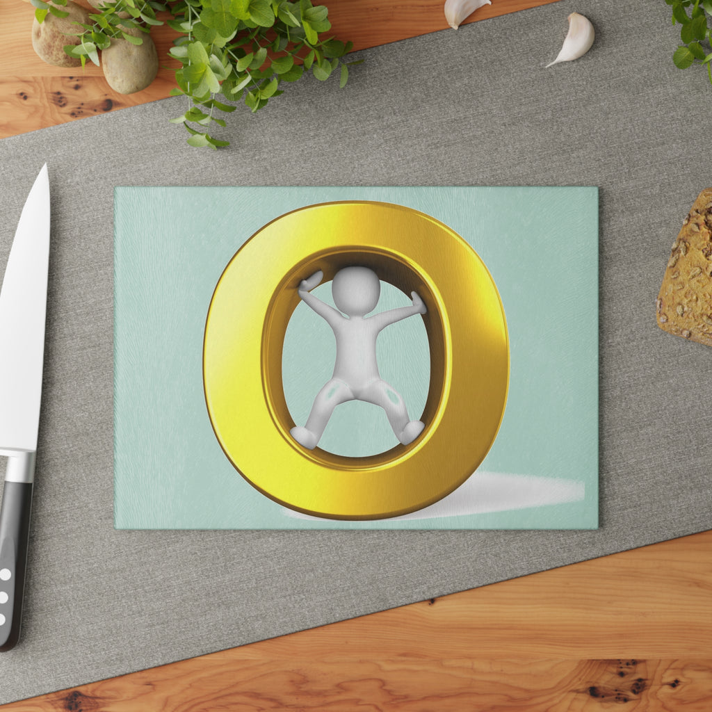 3D Stick Figure Pushing Gold O Letter Glass Cutting Board | Kitchen Art, Modern Decor