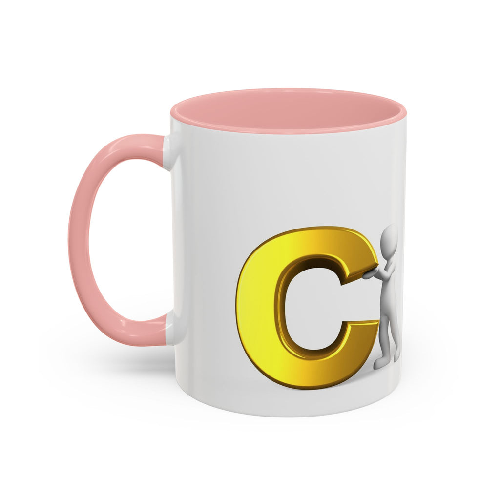3D Stick Figure Holding Gold Letter C Accent Coffee Mug | Initial Monogram Mug
