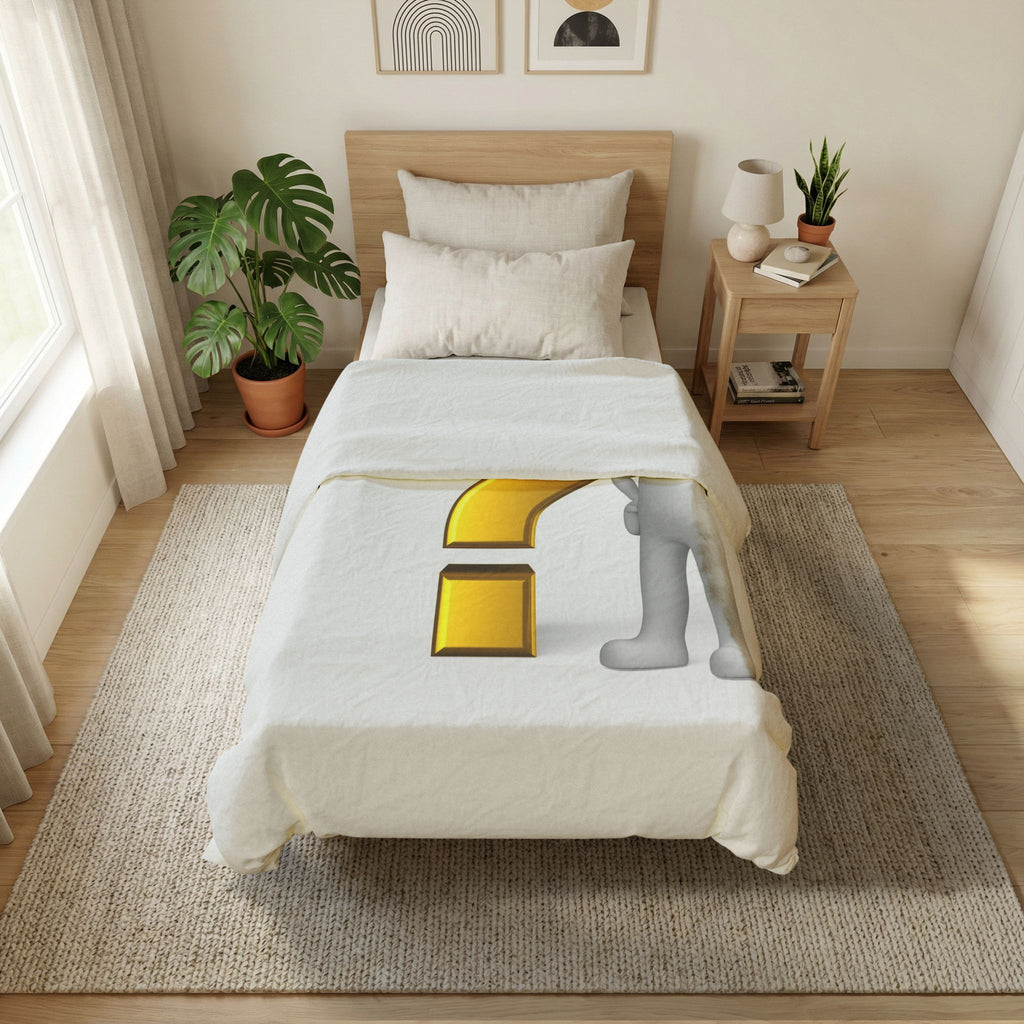 3D Gold Question Mark with Thinking Figure Duvet Cover | White Cotton