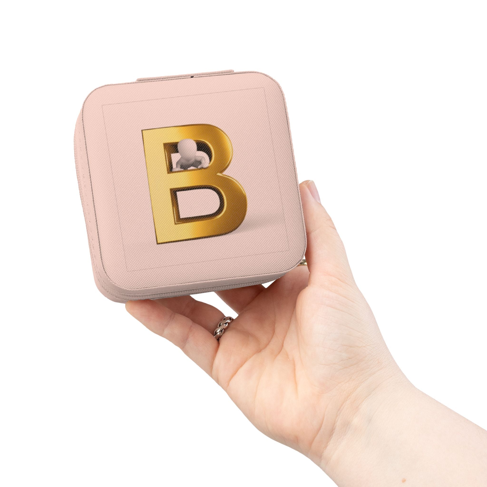 Étui de voyage carré compact pour bijoux en or avec initiale B | Organisateur portable