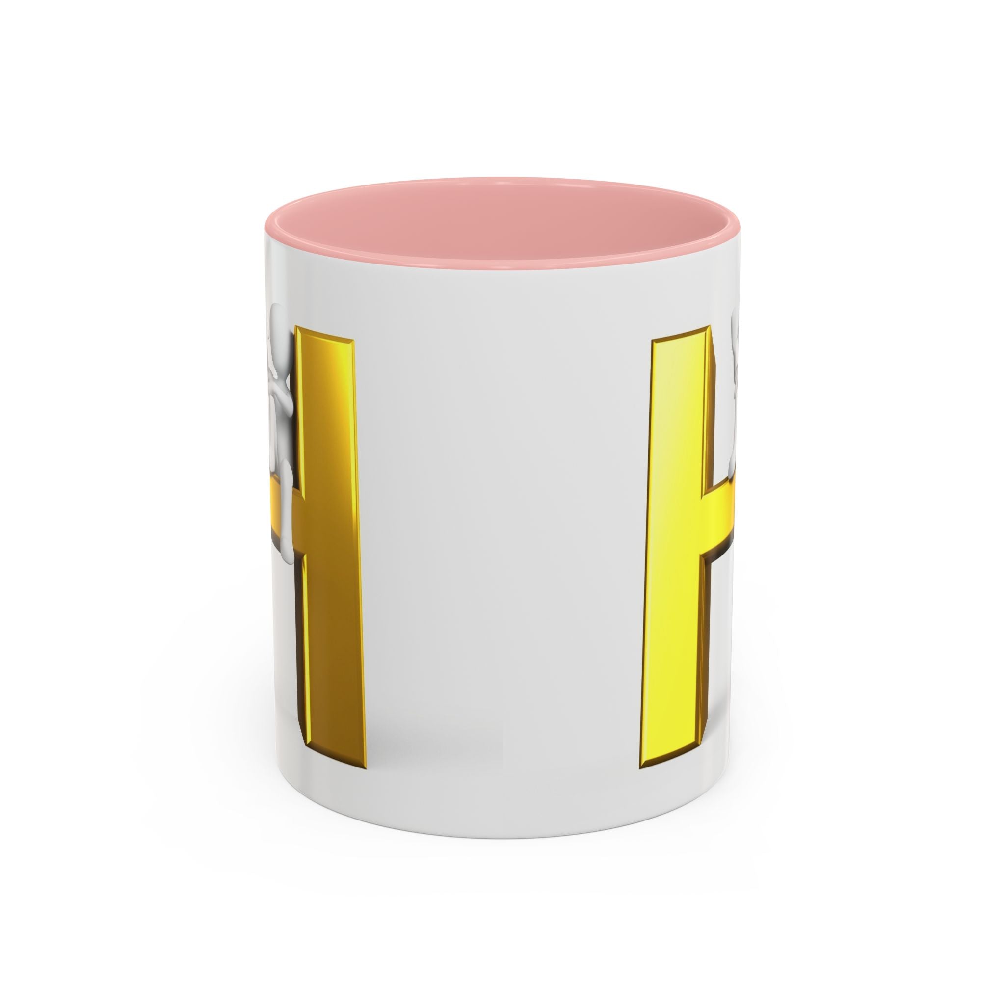 Mug en céramique avec bonhomme allumette 3D accroché à la lettre H dorée | Mug à anse de couleur