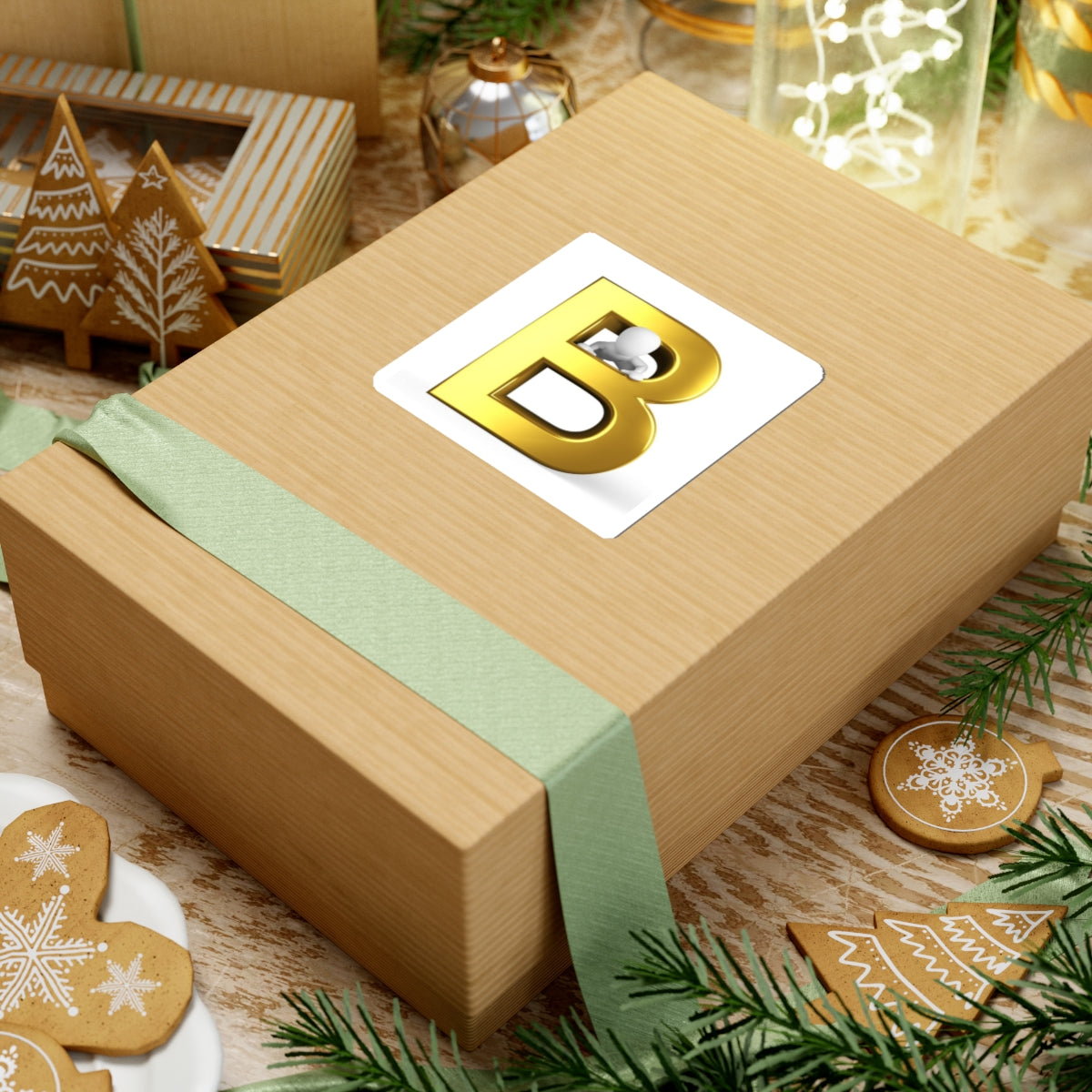 Gold 3D Letter B with Figure kiss-cut sticker | Monogram Sticker