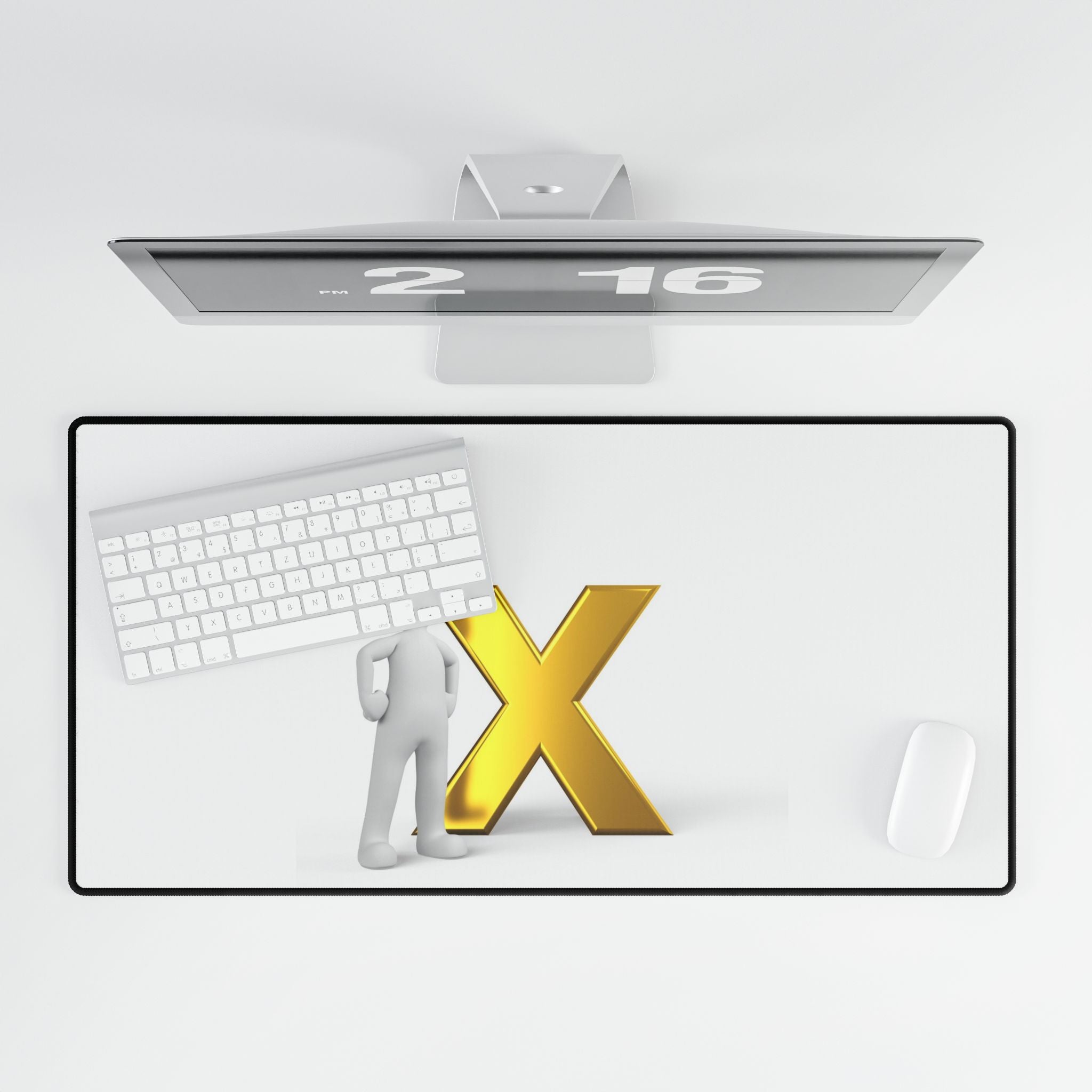 3D Gold X with Thinking Figure Desk Mat | Large Mousepad
