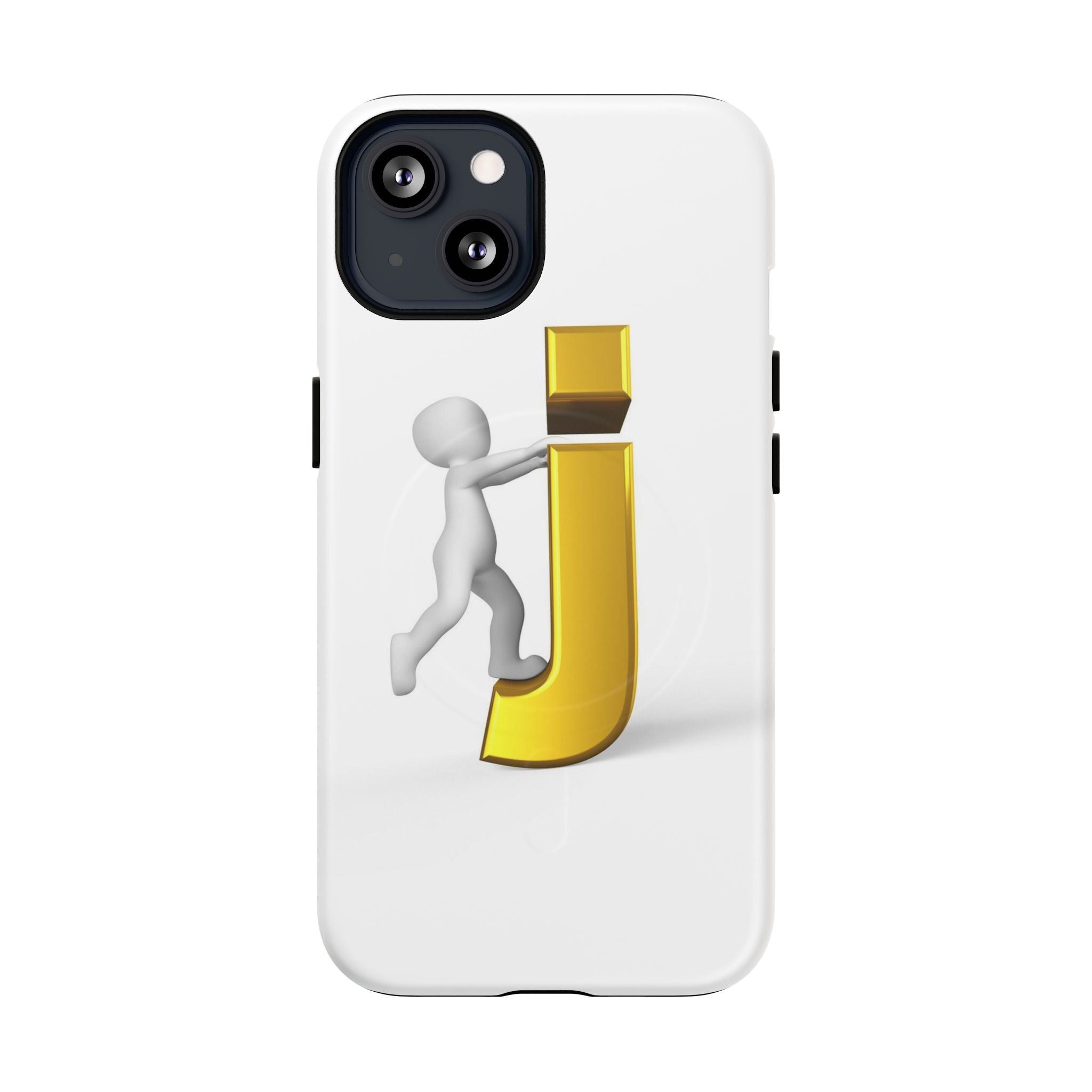 Coque de téléphone 3D Bonhomme allumette Poussant la lettre J dorée | Coque magnétique robuste