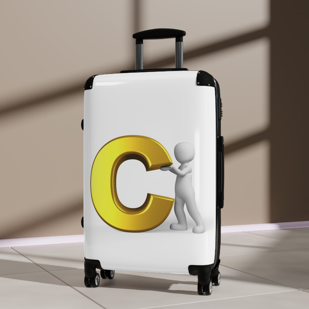 3D Person Pushing Gold Letter C Suitcase | Personalized Luggage Cover
