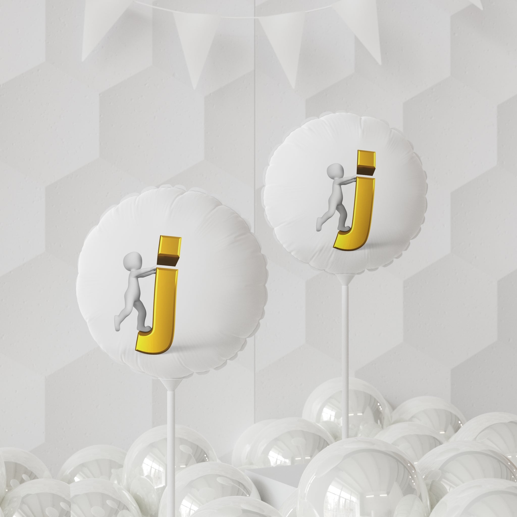 3D Stick Figure Pushing Gold Letter J Balloon
