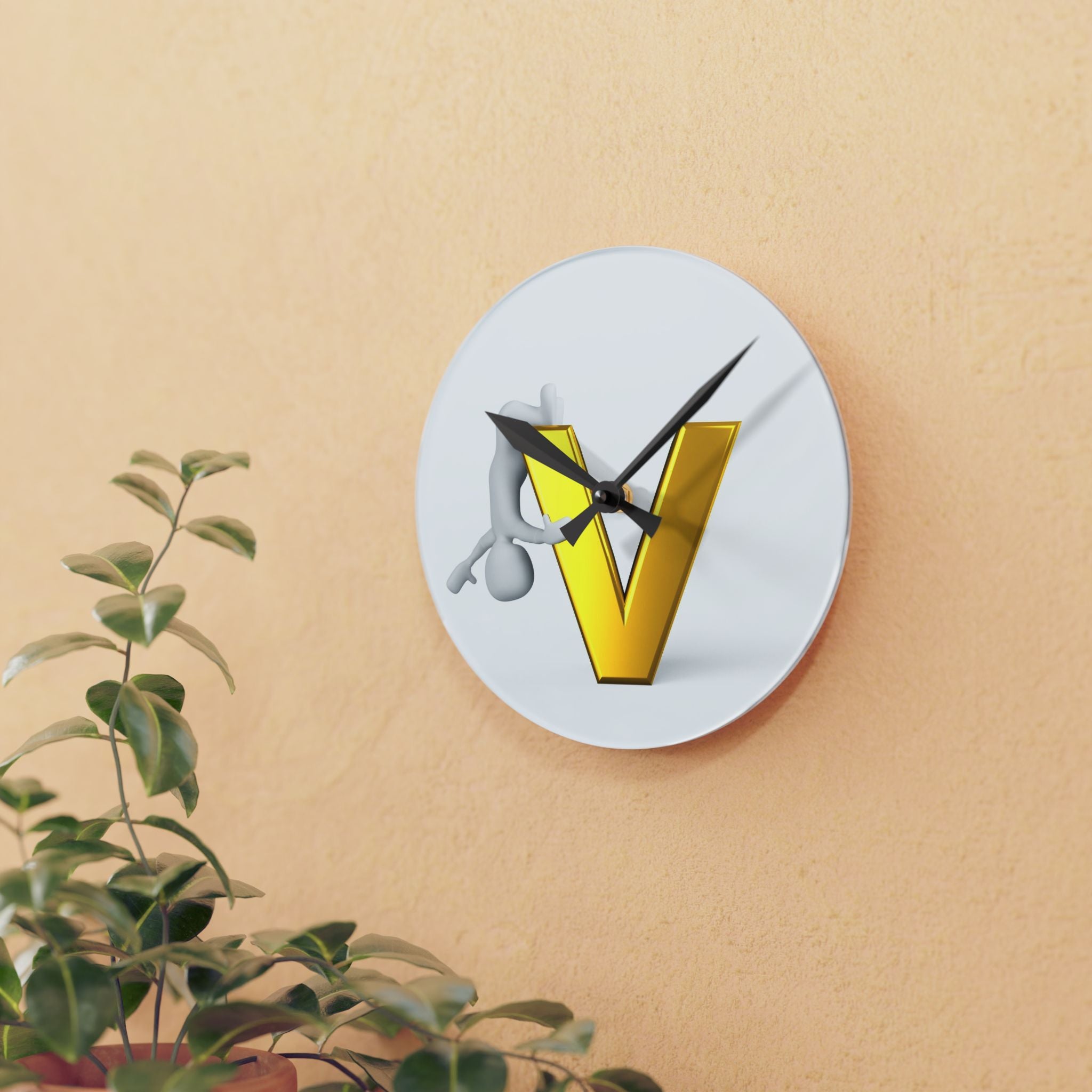 3D Gold Letter V with Figure acrylic wall clock | modern initial decor
