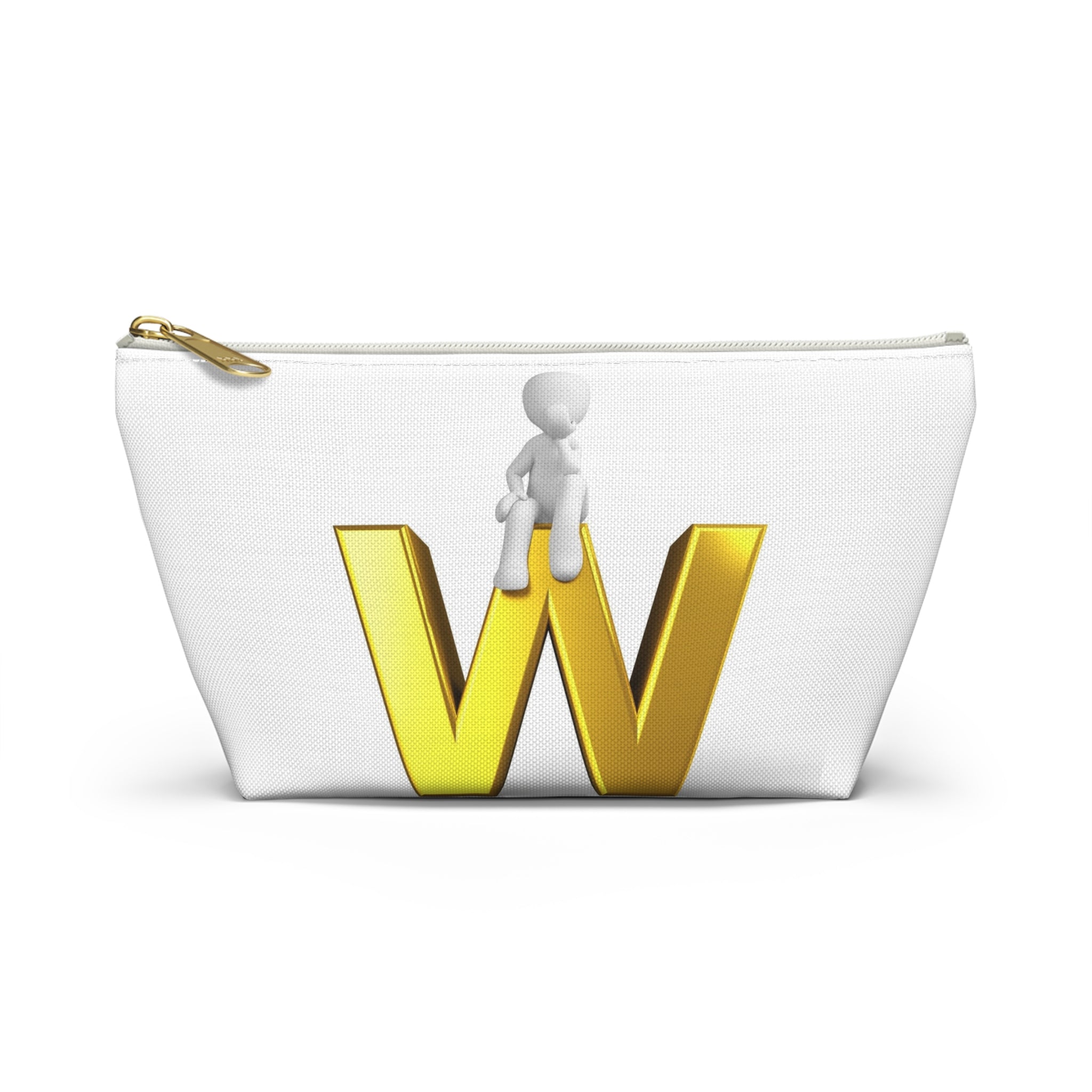 Gold Letter W with Sitting Figure Accessory Pouch | Initial Makeup Bag