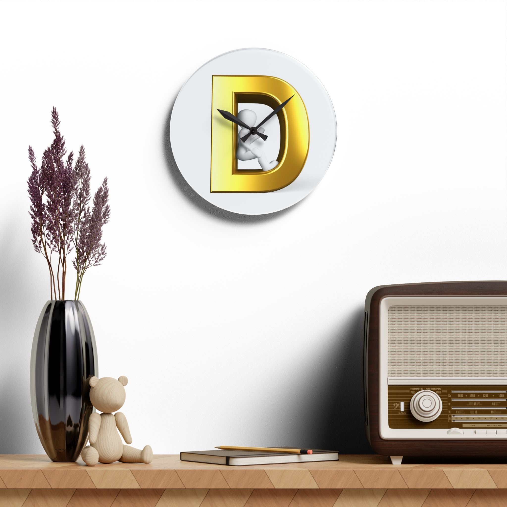 Gold Letter D with 3D Figure Acrylic Wall Clock | Monogram Initial Decor