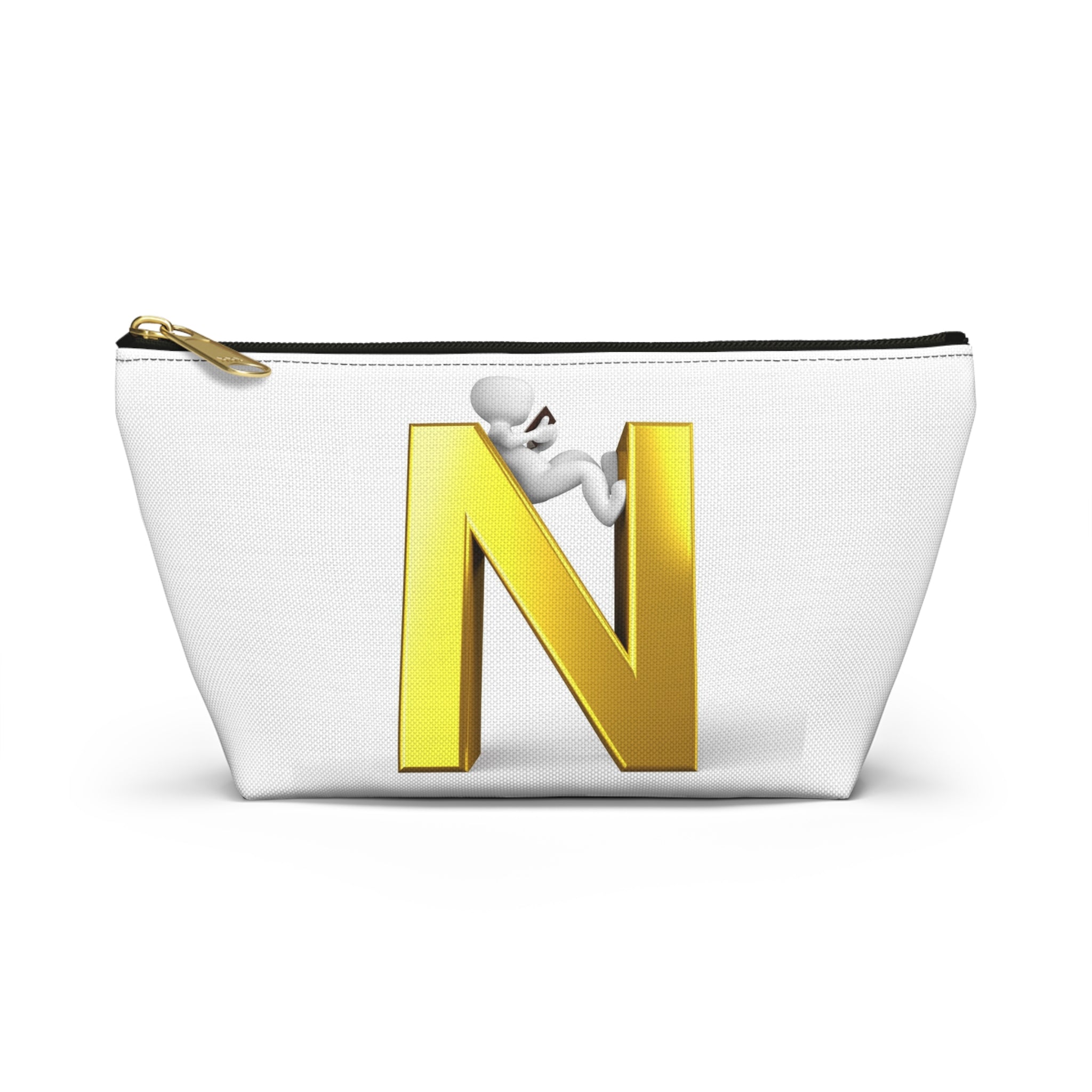Gold Letter N with Climbing Figure Accessory Pouch | Monogram Makeup Bag