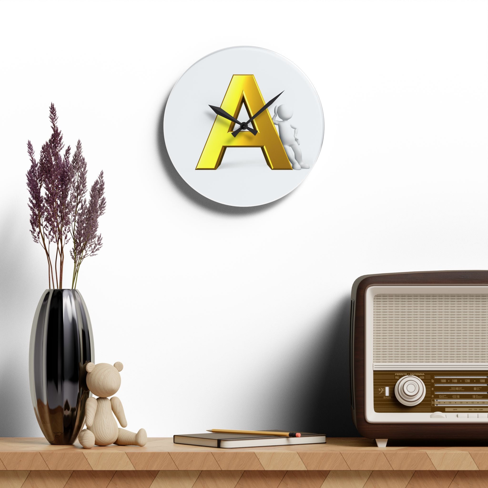 Gold Letter A monogram Acrylic Wall Clock | Initial A decor