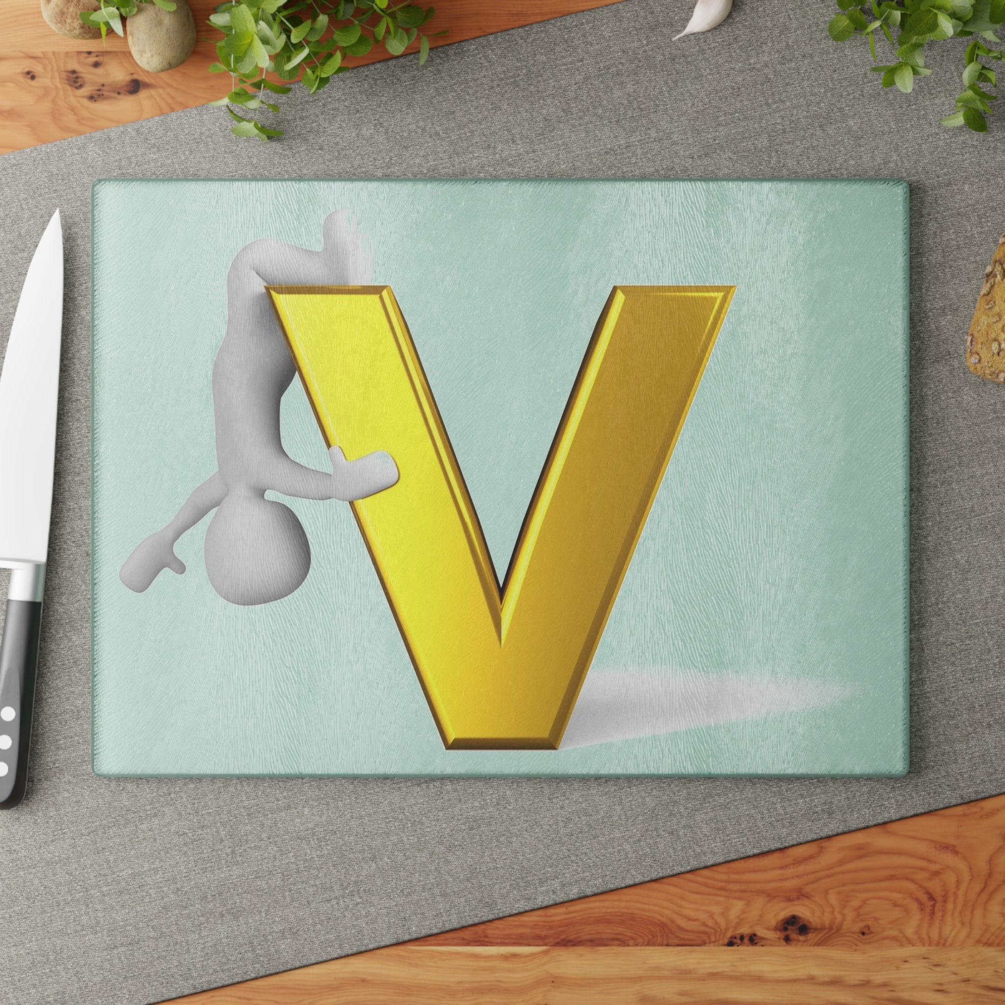 Gold Letter V with Hanging Figure Glass Cutting Board | Monogram Initial V